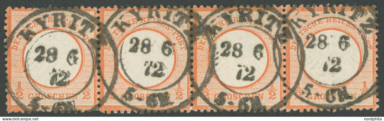 Dt. Reich 3 O, 1872, 1/2 Gr. Ziegelrot Im Waagerechten Viererstreifen, Zentrischer K2 KYRITZ, Fotoattest Krug: Die Marke - Andere & Zonder Classificatie