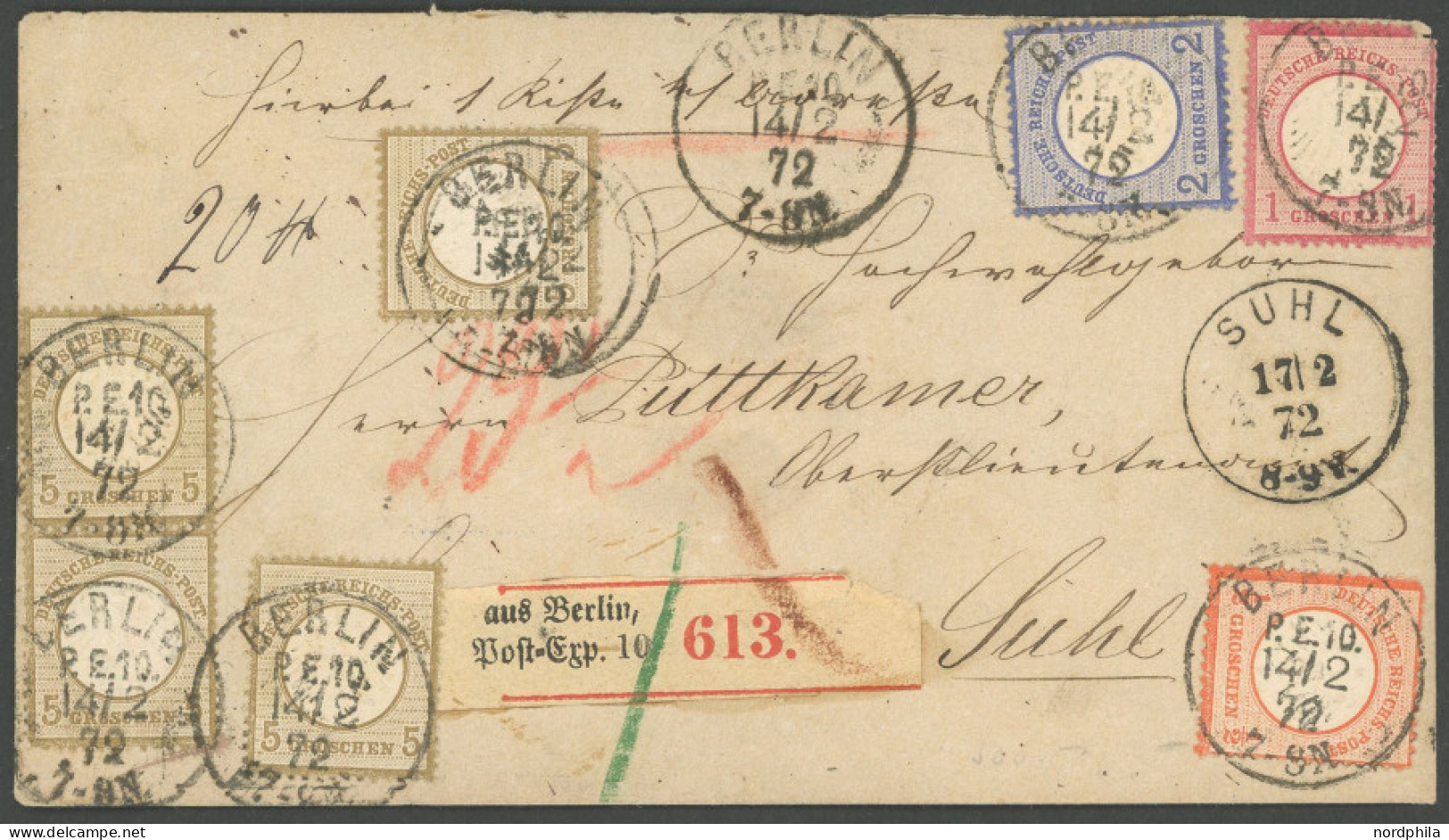 Dt. Reich 3-6 BRIEF, 1872, Paketbegleitbrief Mit Vierfarbenfrankatur Von BERLIN P.E. 10 Nach Suhl, Dekorativer Prachtbri - Other & Unclassified