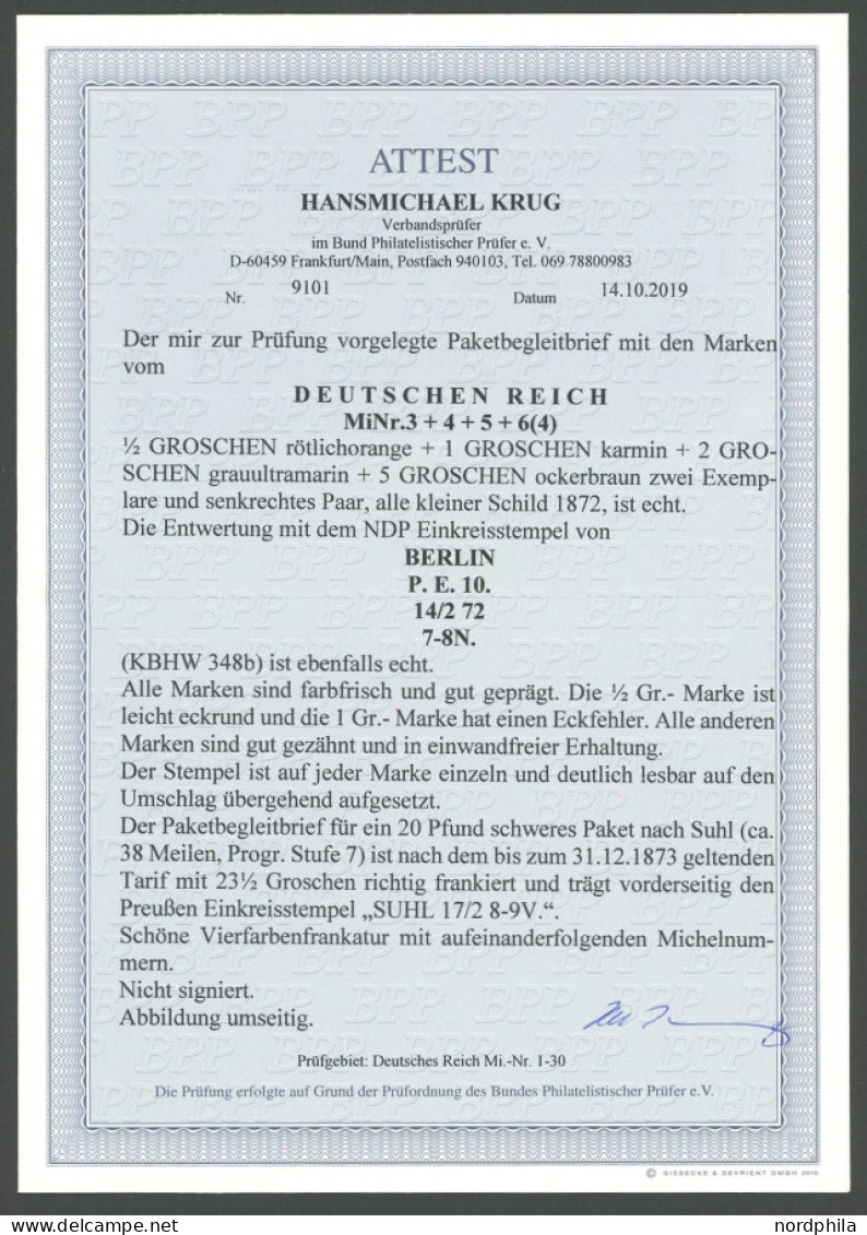 Dt. Reich 3-6 BRIEF, 1872, Paketbegleitbrief Mit Vierfarbenfrankatur Von BERLIN P.E. 10 Nach Suhl, Dekorativer Prachtbri - Andere & Zonder Classificatie
