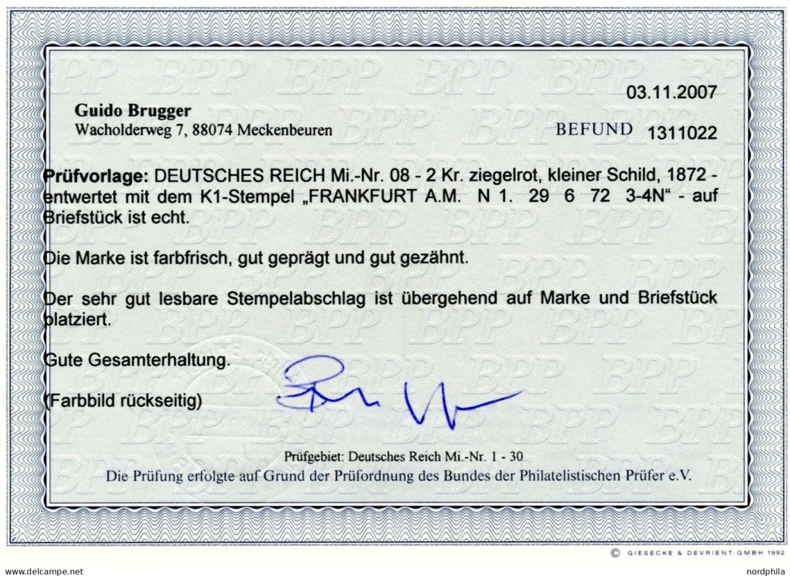 Dt. Reich 8 BrfStk, 1872, 2 Kr. Ziegelrot, K1 FRANKFURT N 1, Prachtbriefstück, Fotobefund Brugger, Mi. 400.- - Used Stamps