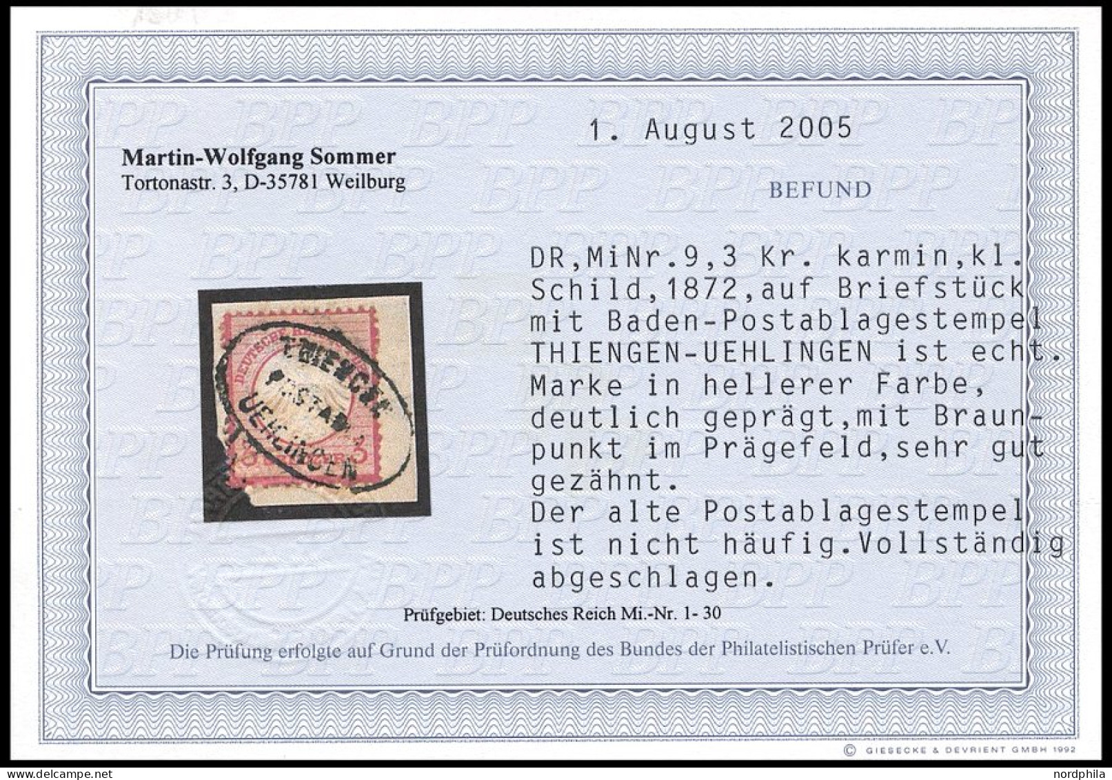 Dt. Reich 9 BrfStk, 1872, 3 Kr. Karmin, Postablagestempel THIENGEN/UEHLINGEN, Leichte Patina Sonst Prachtbriefstück, Fot - Oblitérés