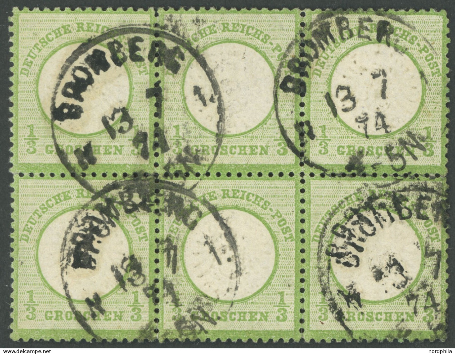 Dt. Reich 17a O, 1872, 1/3 Gr. Gelblichgrün Im Sechserblock, K1 BROMBERG, Fotoattest Brugger: Die Marken Sind Farbfrisch - Other & Unclassified