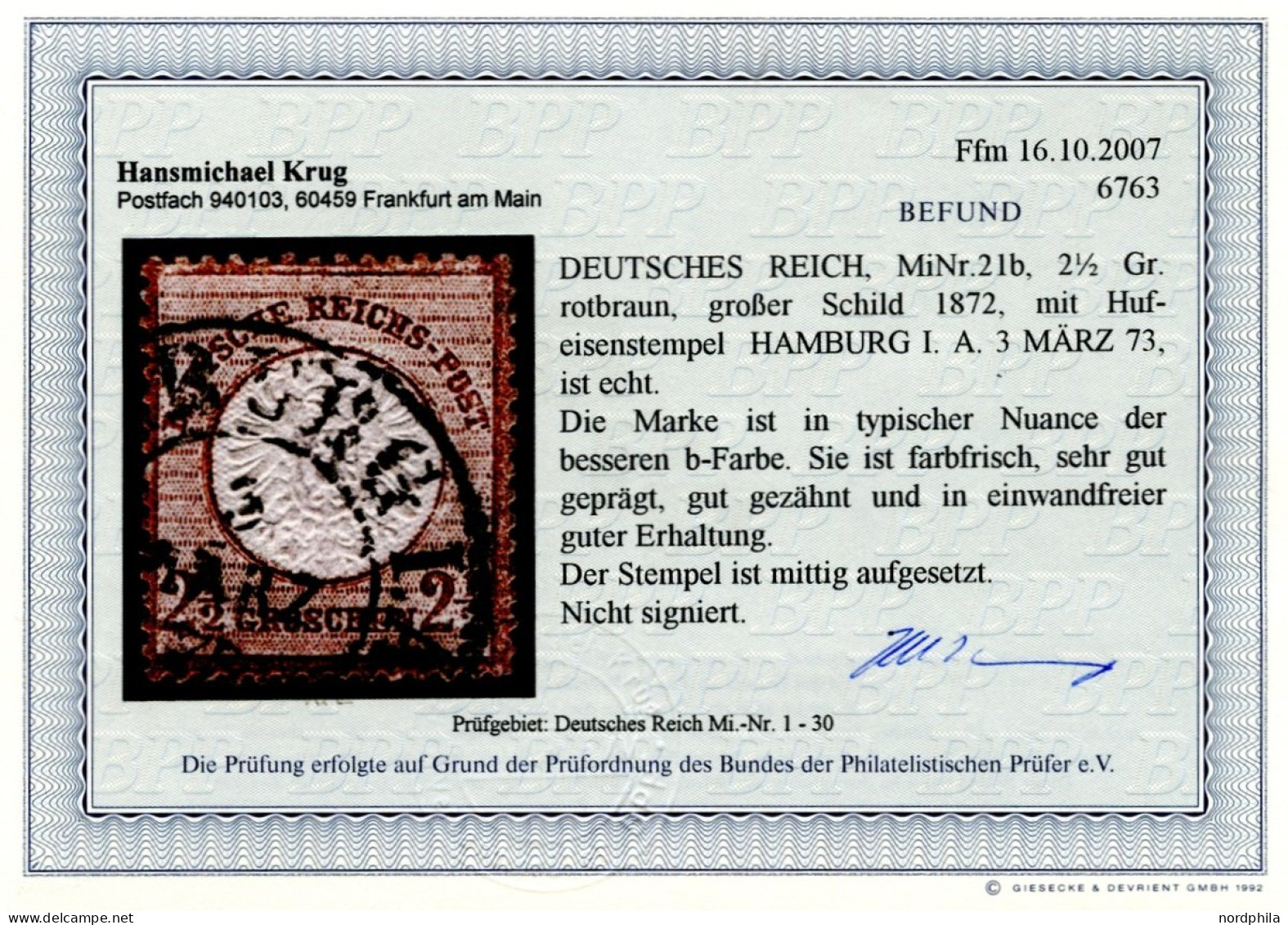 Dt. Reich 21b O, 1872, 21/2 Gr. Rotbraun, Mit Hufeisenstempel HAMBURG I.A., Farbfrisches Prachtstück, Fotobefund Krug, M - Usados