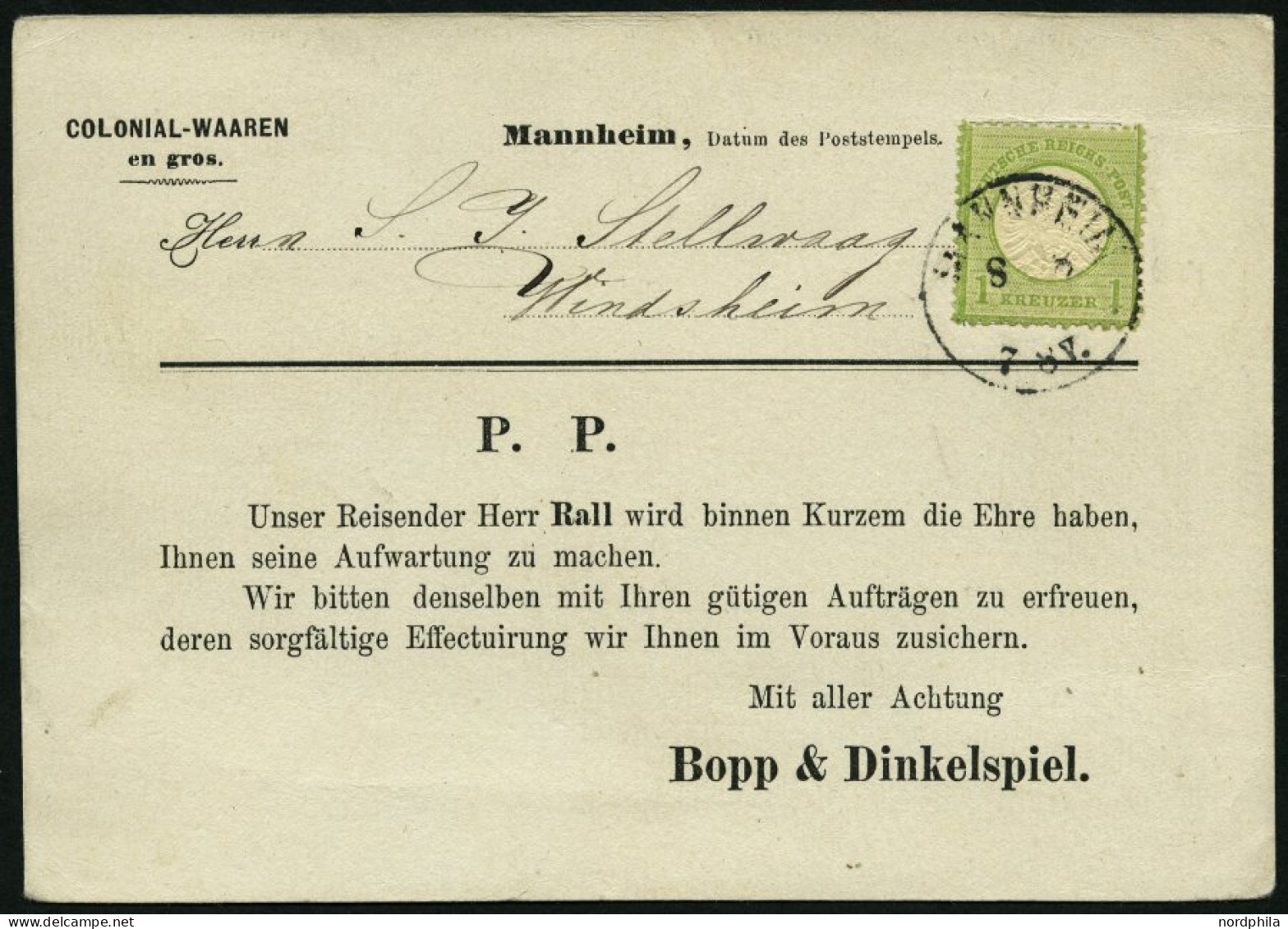 Dt. Reich 23a BRIEF, 1874, 1 Kr. Gelblichgrün, Kleine Marke (15L) Auf Gedruckter Vertreterkarte Mit K1 MANNHEIM, Pracht - Briefe U. Dokumente