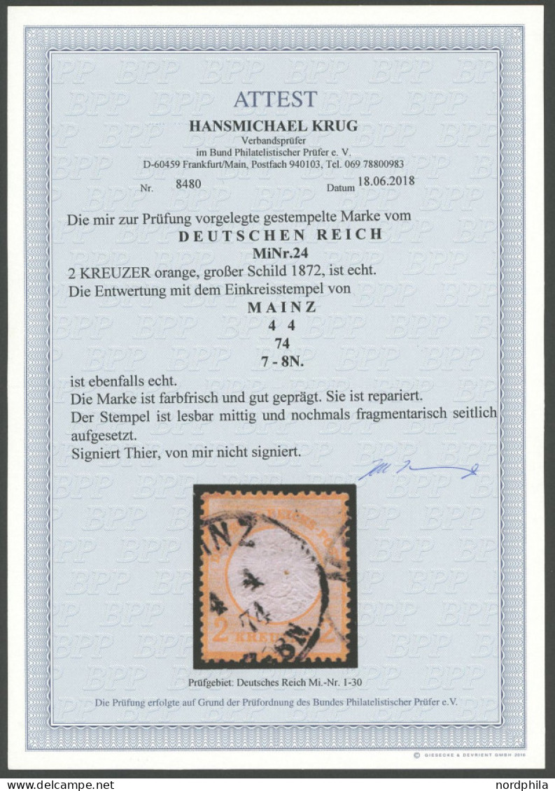Dt. Reich 24 O, 1872, 2 Kr. Orange, K1 MAINZ, Repariert, Farbfrisch Und Gut Geprägt, Fotoattest Krug, Mi. 3200.- - Autres & Non Classés