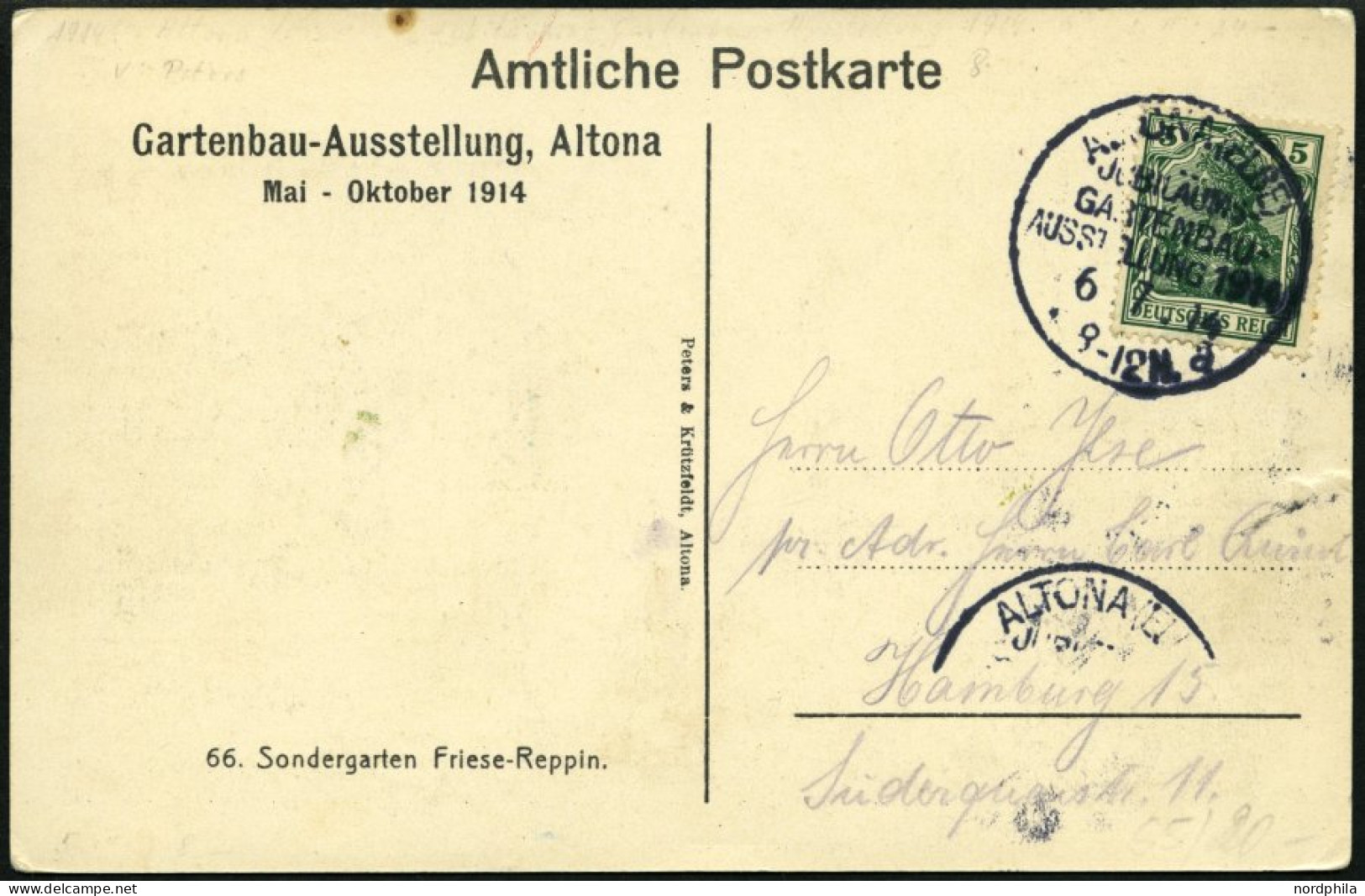 Dt. Reich 85I BRIEF, 1914, 5 Pf. Grün Friedensdruck Auf Sonderkarte Mit Sonderstempel ALTONA JUBILÄUMS GARTENBAU-AUSSTEL - Covers & Documents