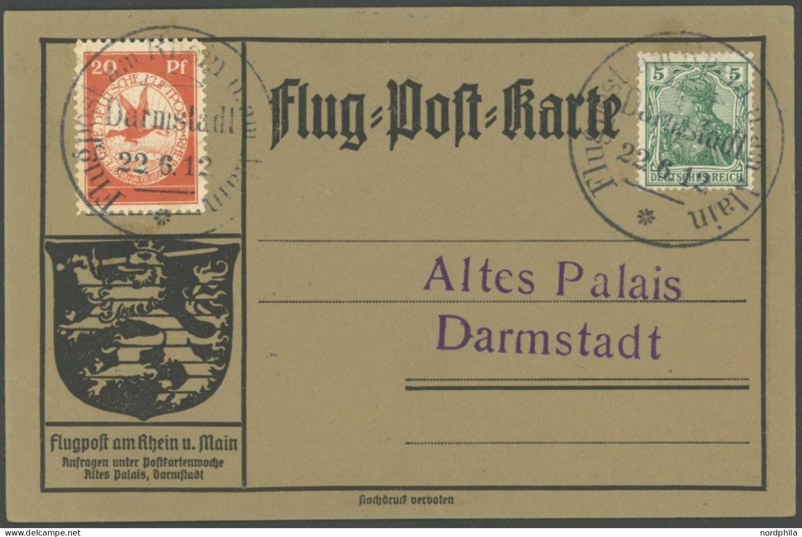 Dt. Reich II BRIEF, 1912, 20 Pf. Flugpost Am Rhein Und Main Auf Flugpostkarte Mit Sonderstempel Darmstadt, üblich Gezähn - Otros & Sin Clasificación