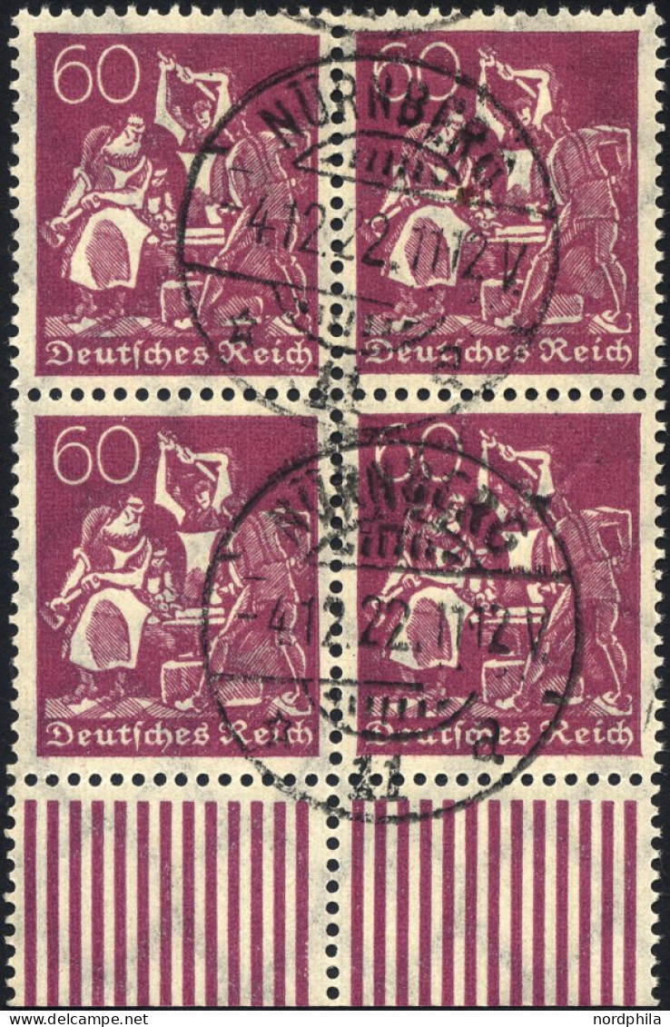 Dt. Reich 184 VB O, 1922, 60 Pf. Schwärzlichrosalila, Wz. 2, Im Viererblock Vom Unterrand, Pracht, Gepr. Infla - Gebruikt