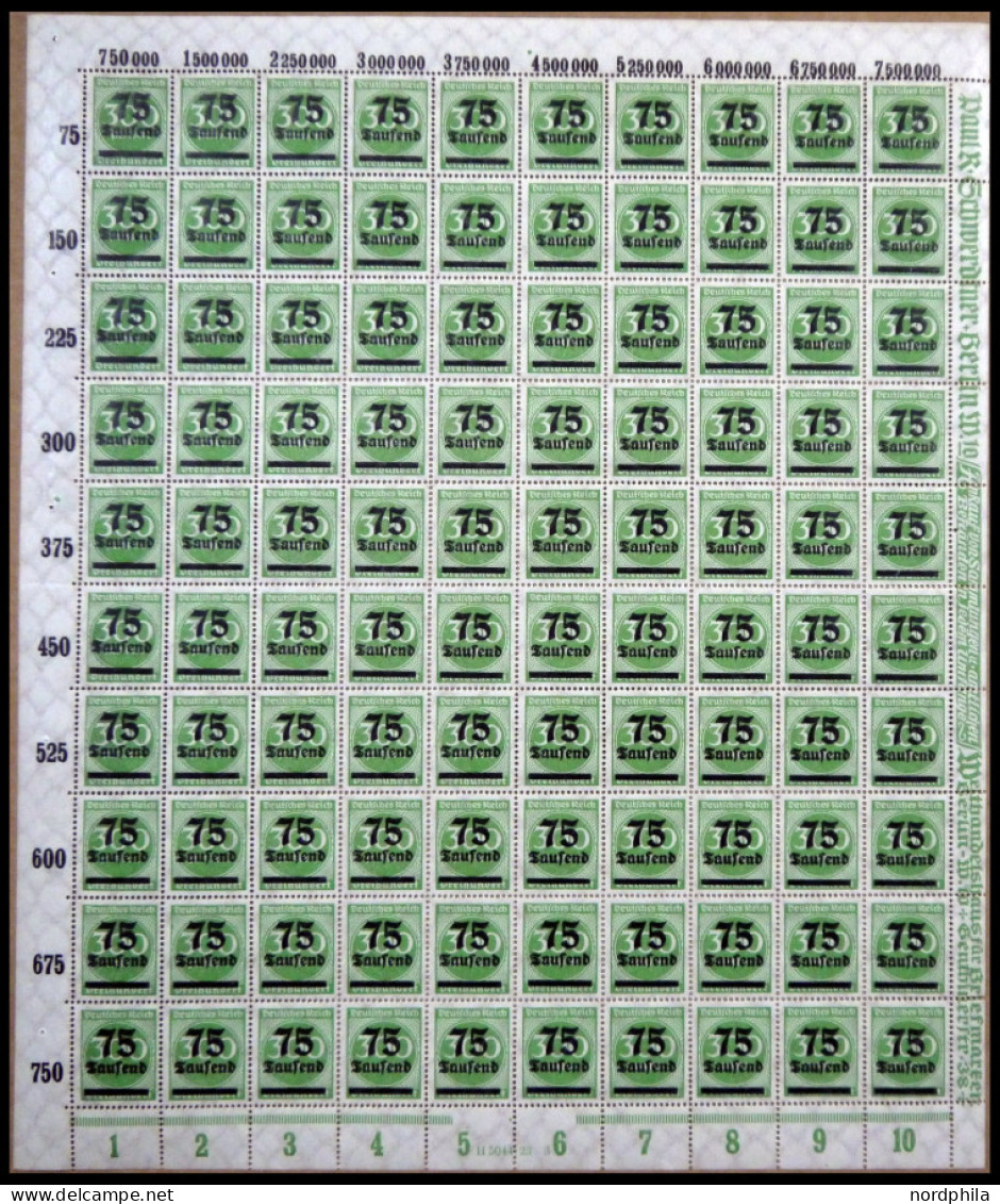 Dt. Reich 286 , 1923, 75 Tsd. Auf 300 M. Im Bogen (100), Platte 3, Rechter Rand Durchgezähnt, Mit HAN 5044.23, Mit Platt - Autres & Non Classés