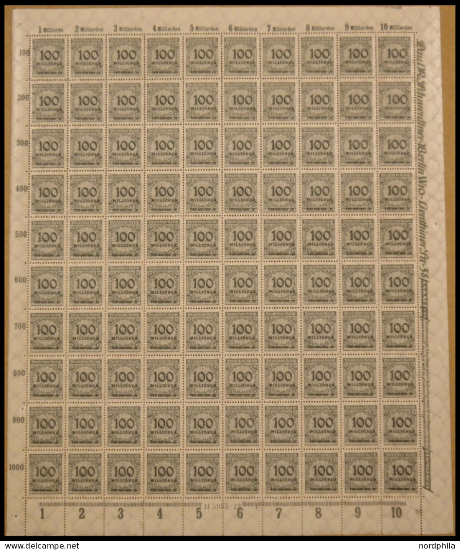 Dt. Reich 322 , 1923, 100 Mio. M. Dunkelgrünlichgrau Im Bogen (100), Plattendruck Oberrand A HAN 5955.23, Postfrisch, Pr - Andere & Zonder Classificatie