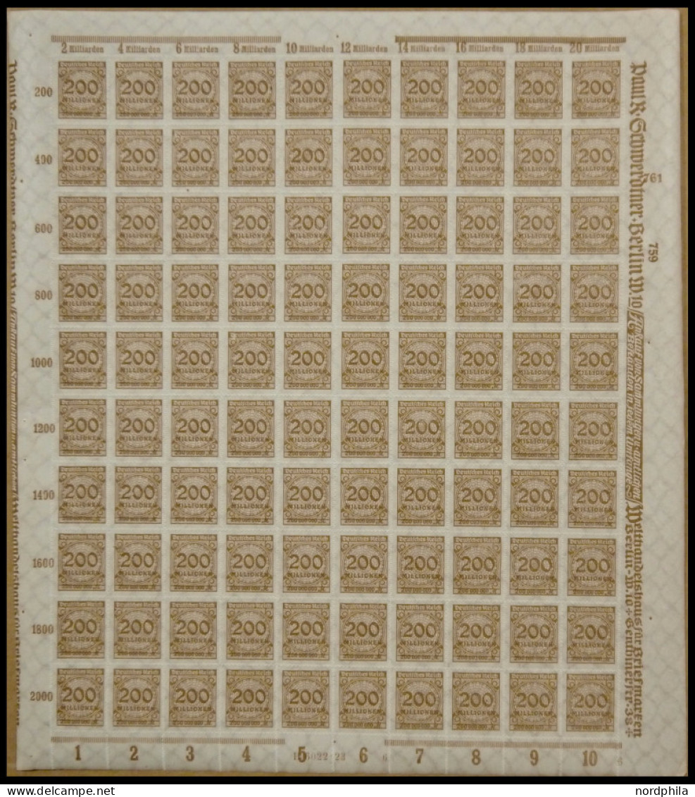 Dt. Reich 323B , 1923, 200 Mio. M. Ockerbraun, Durchstochen, Im Bogen (100), Postfrisch, Pracht - Otros & Sin Clasificación