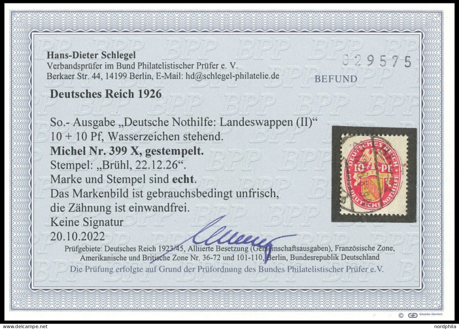 Dt. Reich 399X O, 1926, 10 Pf. Nothilfe, Wz. Stehend, Bedarfsstück In Einwandfreier Zähnung, Fotobefund H.D. Schlegel, M - Sonstige & Ohne Zuordnung