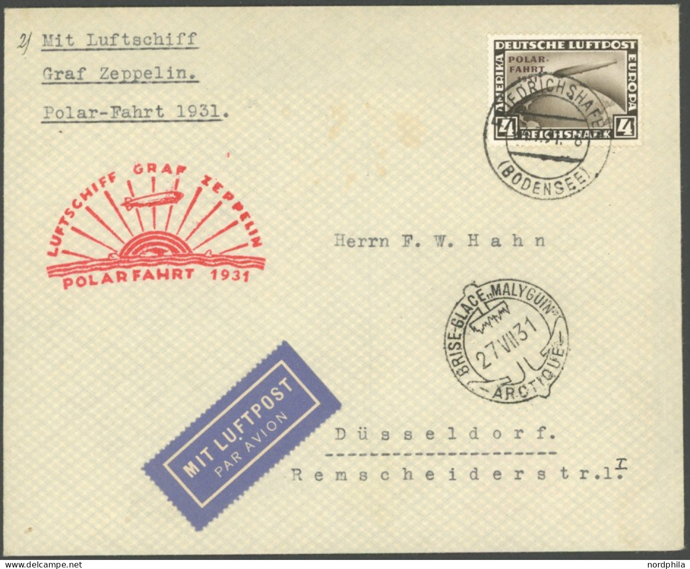 Dt. Reich 458 BRIEF, 1931, 4 RM Polarfahrt Auf Polarfahrtbrief, Stempel FRIEDRICHSHAFEN, Prachtbrief, Fotoattest Schlege - Other & Unclassified