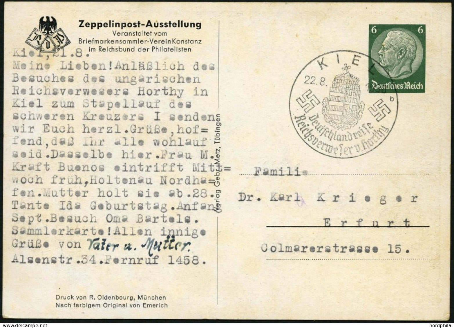 GANZSACHEN PP 127C40 BRIEF, Privatpost: 1938, 6 Pf. Hindenburg Zeppelinpost-Ausstellung, Stempel KIEL REICHSVERWESER V.  - Andere & Zonder Classificatie