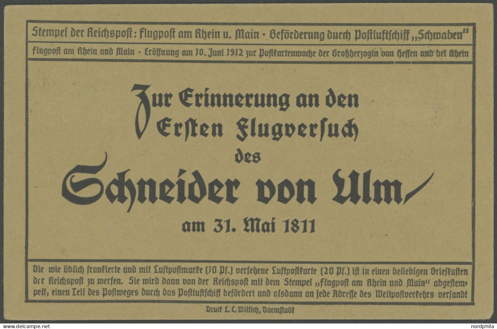 ZEPPELINPOST 11DA BRIEF, 1912, 20 Pf. Flp. Am Rhein Und Main Mit 5 Pf. Zusatzfrankatur Auf Flugpostkarte Mit Werbung Sch - Luft- Und Zeppelinpost