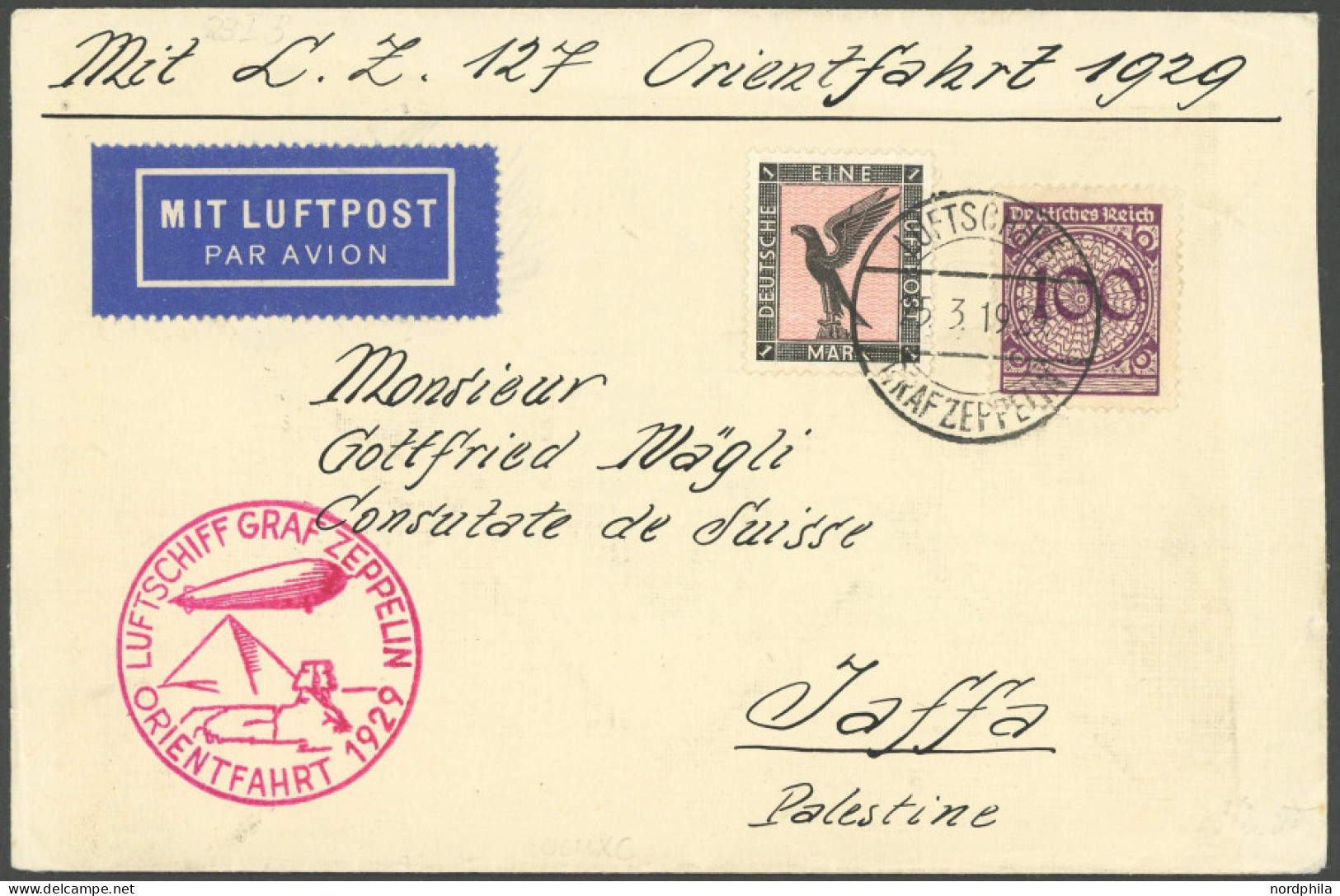 ZEPPELINPOST 23IB BRIEF, 1929, Orientfahrt, Bordpost, Prachtbrief Nach Jaffa - Luft- Und Zeppelinpost