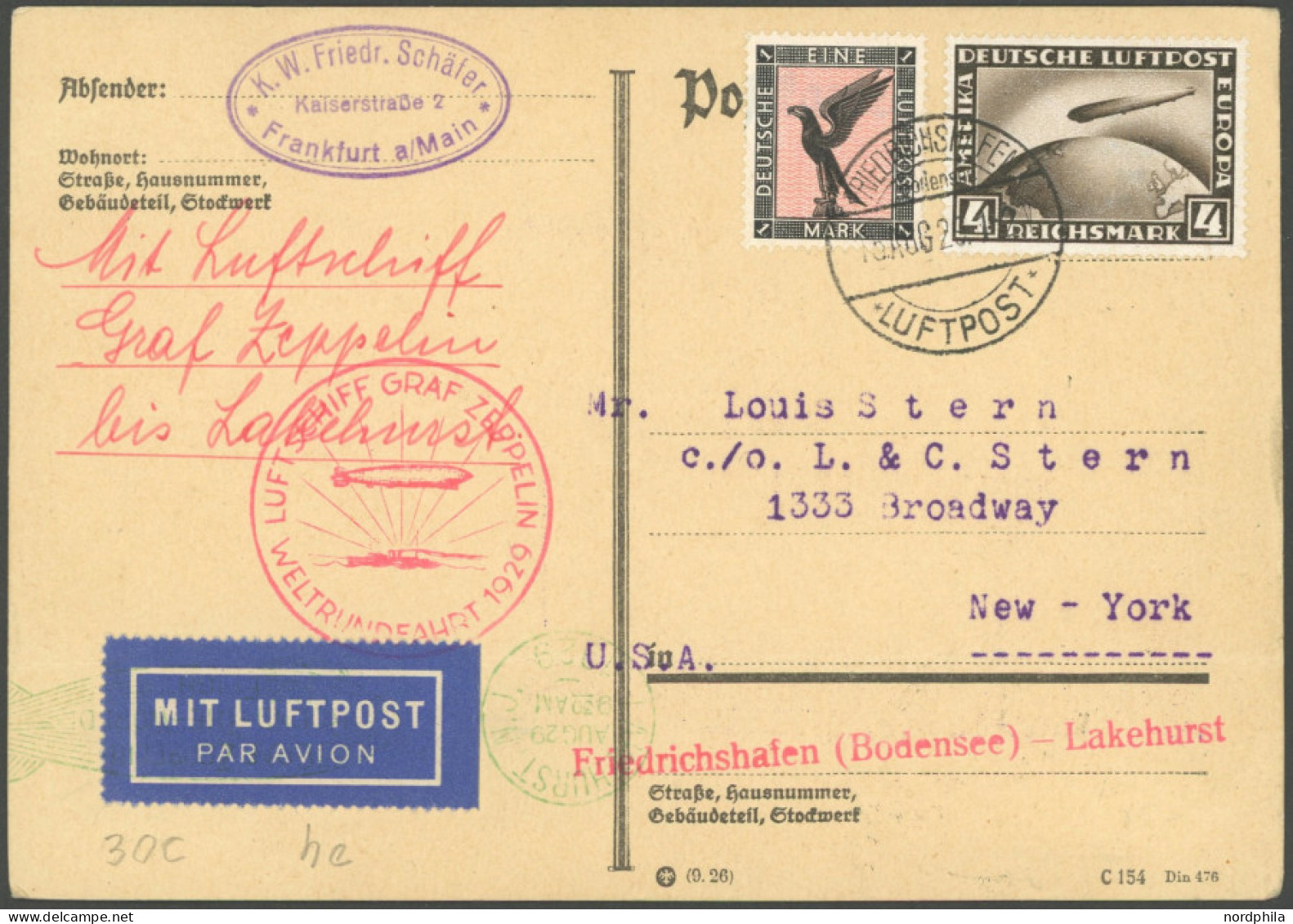 ZEPPELINPOST 30Ac BRIEF, 1929, Weltrundfahrt, Poststempel Friedrichshafen, Friedrichshafen-Lakehurst, Prachtkarte - Luft- Und Zeppelinpost