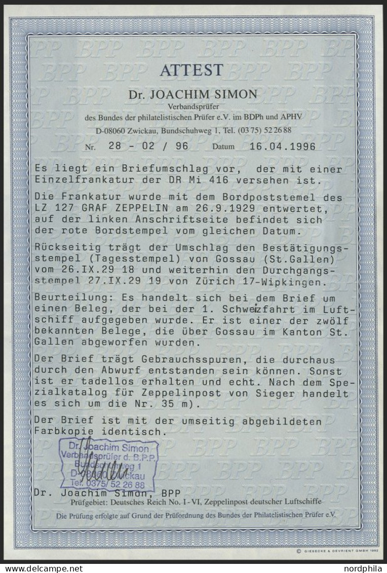 ZEPPELINPOST 35m BRIEF, 1929, 1. Schweizfahrt, Abwurf GOSSAU, Wohl Durch Abwurf Bedingte Gebrauchsspuren, Prachtbrief, N - Zeppeline