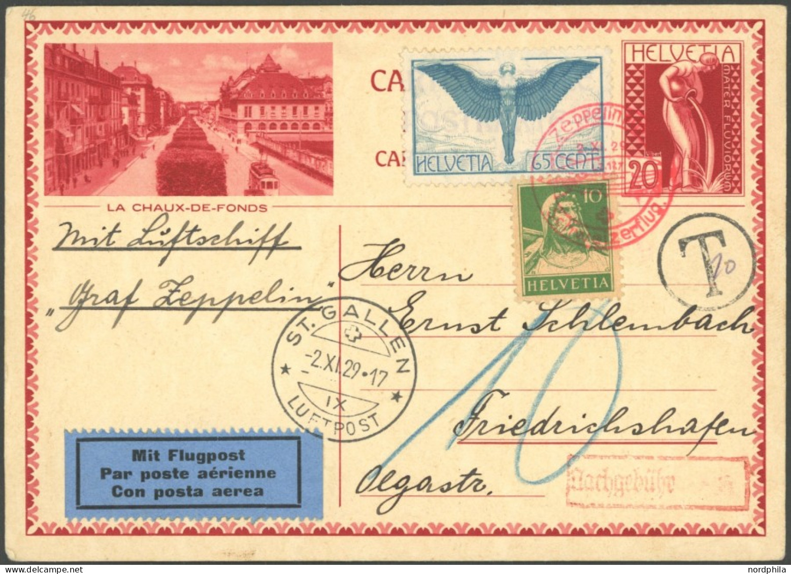 ZEPPELINPOST 46 BRIEF, 1929, Fahrt Nach Zürich-Dübendorf, Schweizer Post, Mit Nachgebühr, Prachtkarte - Luft- Und Zeppelinpost