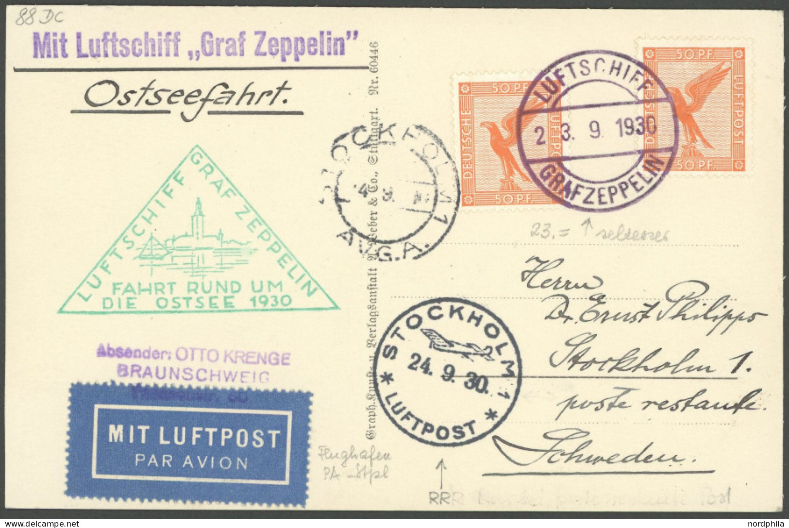 ZEPPELINPOST 88Dc BRIEF, 1930, Ostseefahrt, Abwurf Stockholm, Bordpost, Auf Prachtbrief Nach Schweden - Posta Aerea & Zeppelin