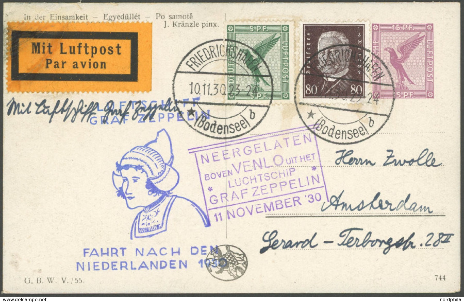 ZEPPELINPOST 98Aa BRIEF, 1930, Fahrt In Die Niederlande, Abwurf Venlo, Auflieferung Friedrichshafen, Prachtkarte - Luft- Und Zeppelinpost