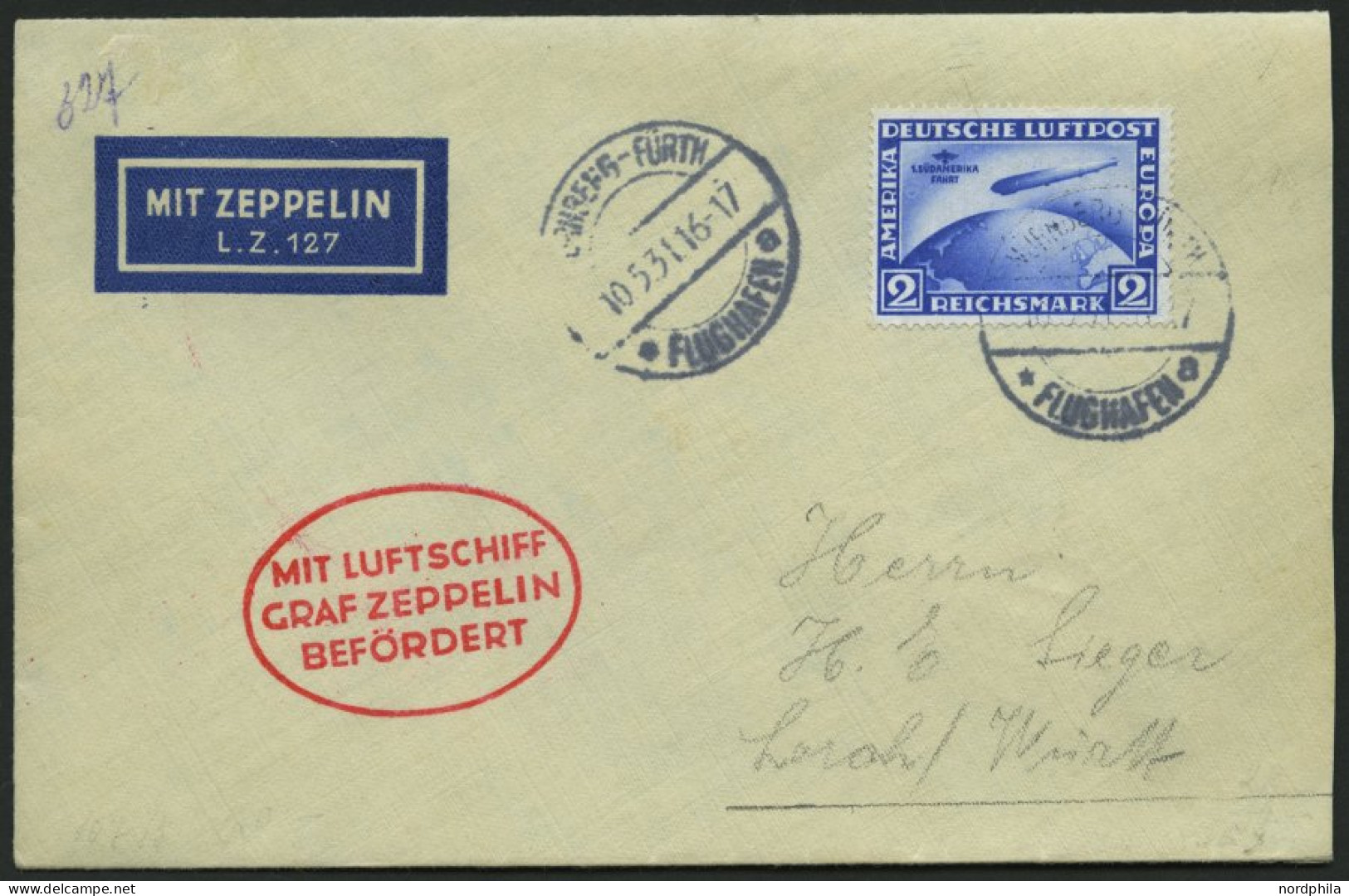 ZEPPELINPOST 107Da BRIEF, 1931, Fahrt Nürnberg-Friedrichshafen, Auflieferung Nürnberg, Frankiert Mit 2 RM Südamerikafahr - Zeppelines