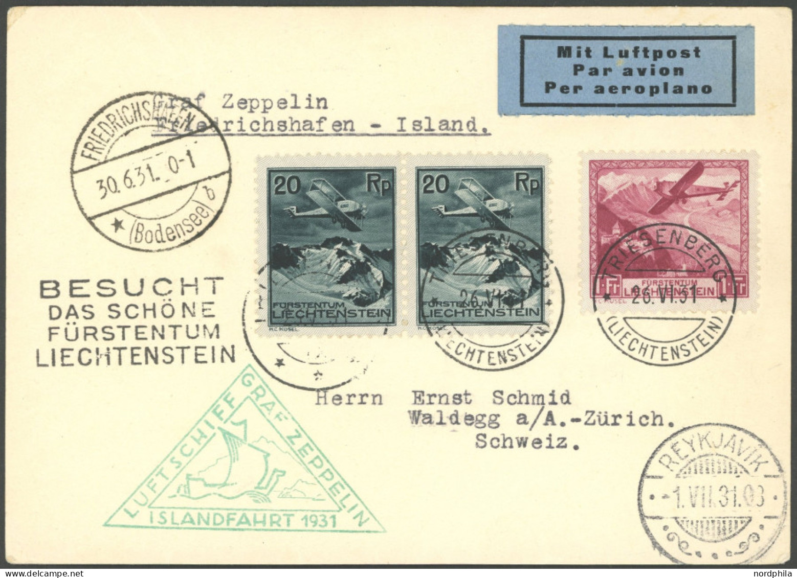 ZULEITUNGSPOST 113 BRIEF, Liechtenstein: 1931, Islandfahrt, Abwurf Reykjavik, Mit L4 BESUCHT DAS SCHÖNE FÜRSTENTUM LIECH - Luft- Und Zeppelinpost