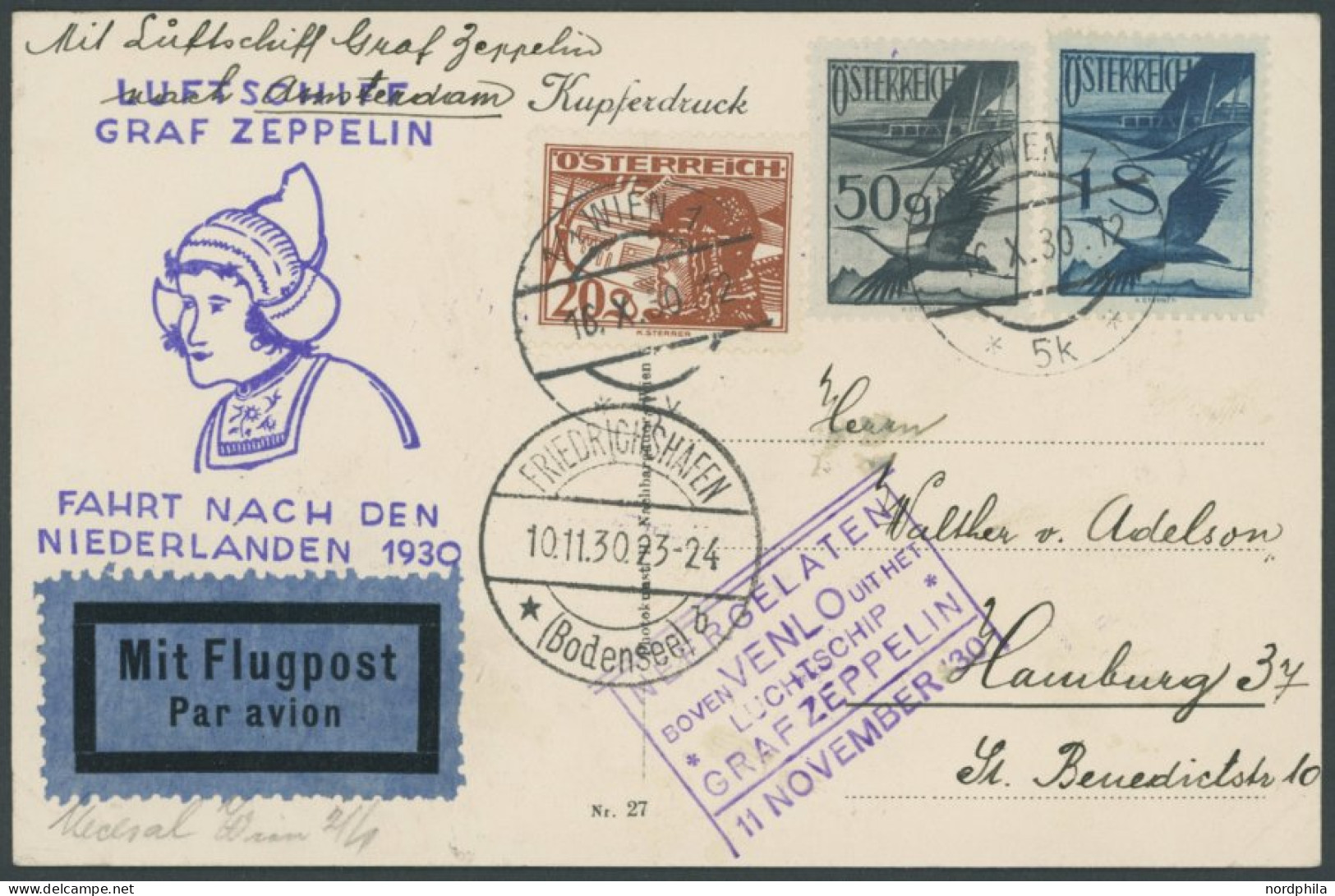 ZULEITUNGSPOST 98 BRIEF, Österreich: 1930, Hollandfahrt, Prachtkarte - Luft- Und Zeppelinpost