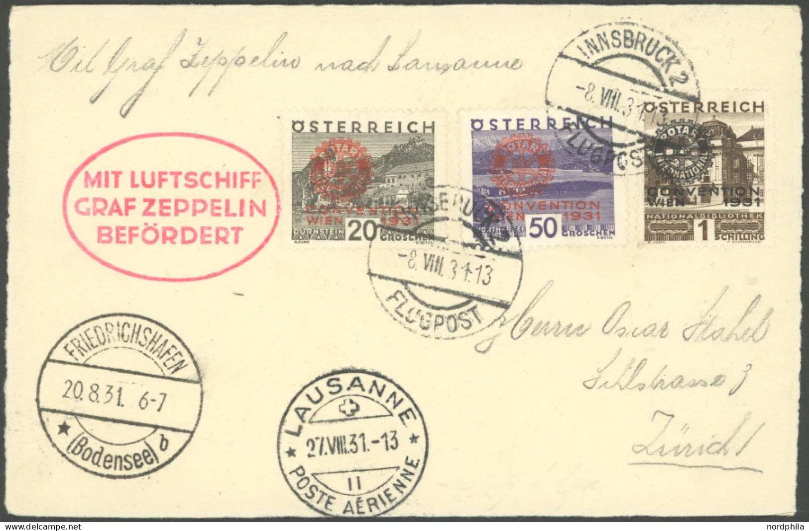 ZULEITUNGSPOST 123 BRIEF, Österreich, 1931, Fahrt Nach Lausanne, Prachtkarte Mit Guter Frankatur (Mi.Nr. 519,522 (3)) - Luft- Und Zeppelinpost