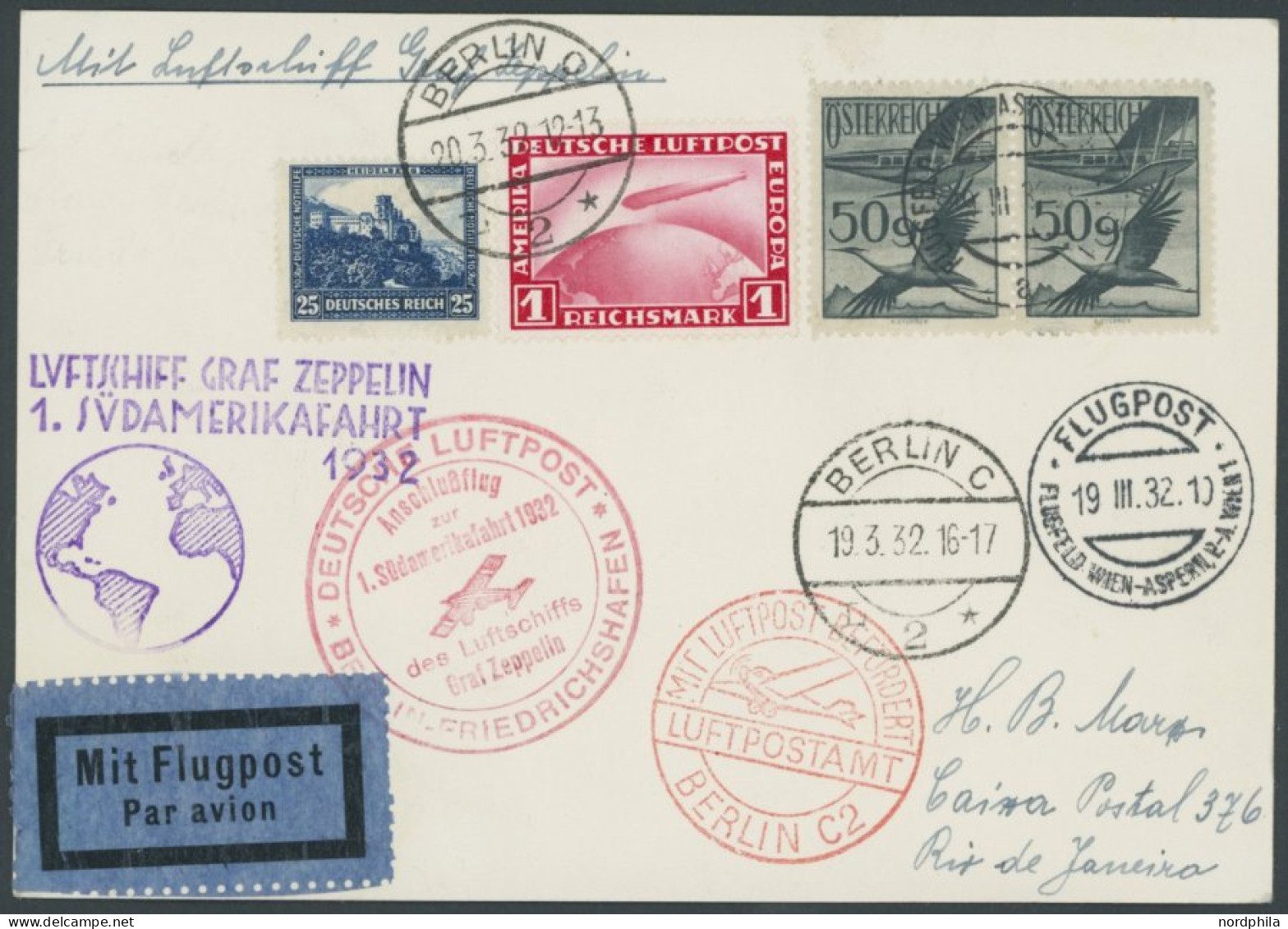 ZULEITUNGSPOST 138 BRIEF, Österreich: 1932, 1. Südamerikafahrt, Anschlussflug Ab Berlin, Prachtkarte, R! - Airmail & Zeppelin