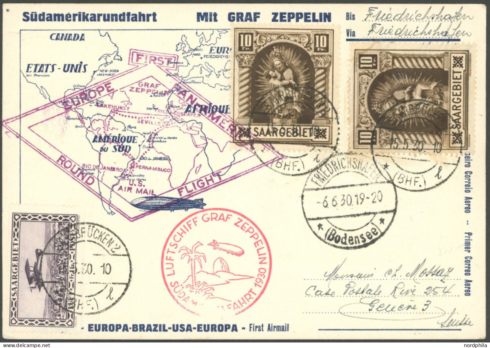 ZULEITUNGSPOST 57P BRIEF, Saargebiet: 1930, Südamerikafahrt, Rundfahrt Friedrichshafen-Friedrichshafen, Prachtkarte - Luft- Und Zeppelinpost