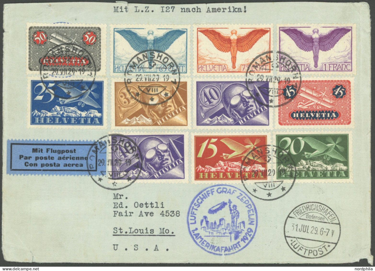 ZULEITUNGSPOST 27 BRIEF, Schweiz: 1929, 1. Nordamerikafahrt, Ankunftsstempel New York, Gute Frankatur!, Leichte Beförder - Luft- Und Zeppelinpost