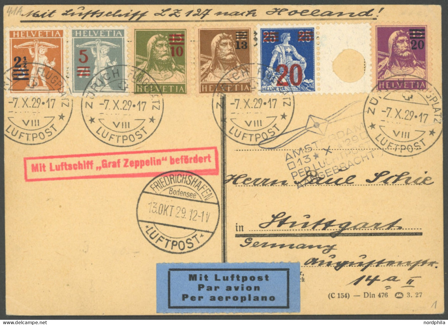 ZULEITUNGSPOST 41 BRIEF, Schweiz: 1929, Hollandfahrt, Karte Kleiner Einriss Mittig Rechts - Airmail & Zeppelin