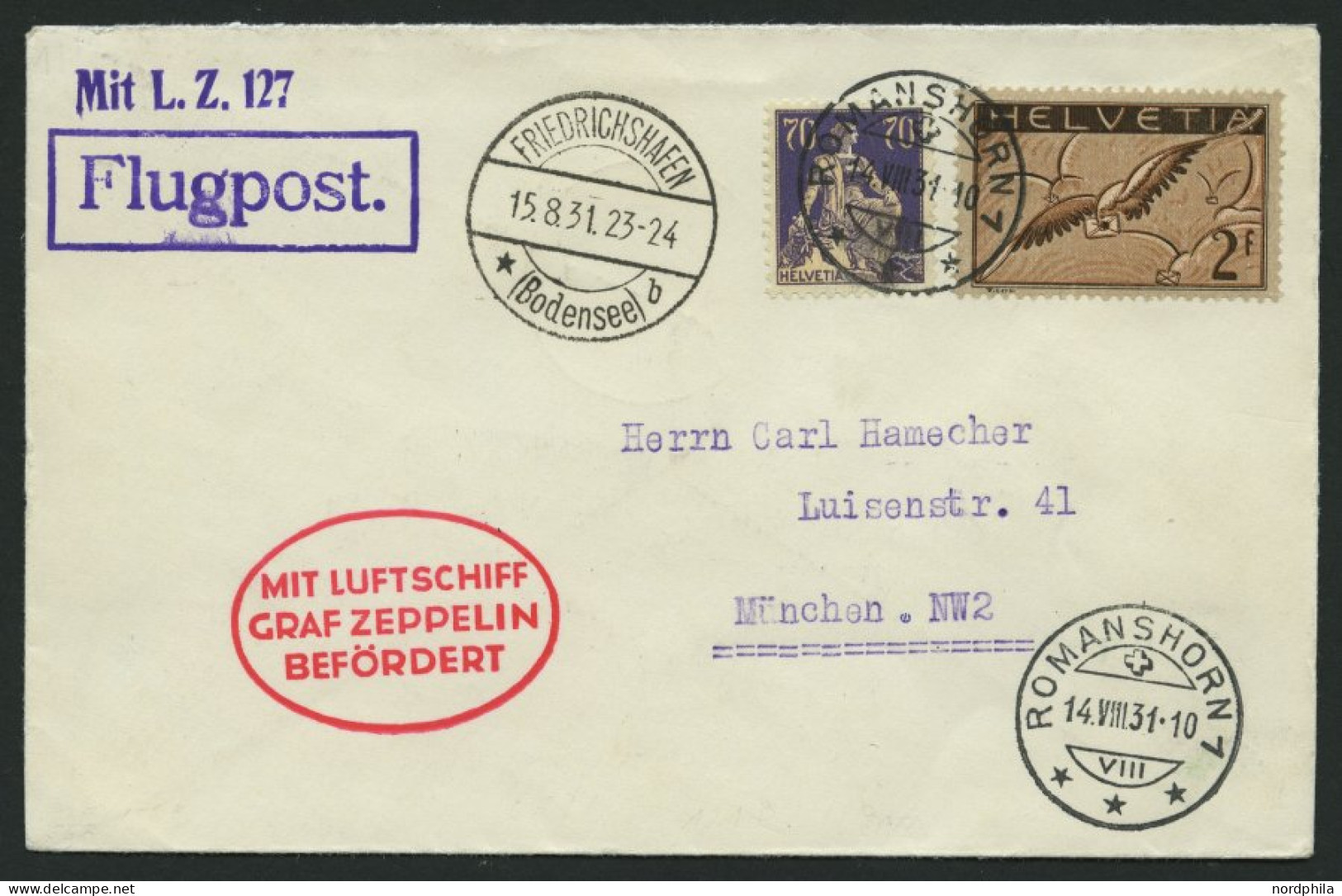 ZULEITUNGSPOST 121D BRIEF, Schweiz: 1931, Fahrt Nach Essen, Prachtbrief - Zeppelins