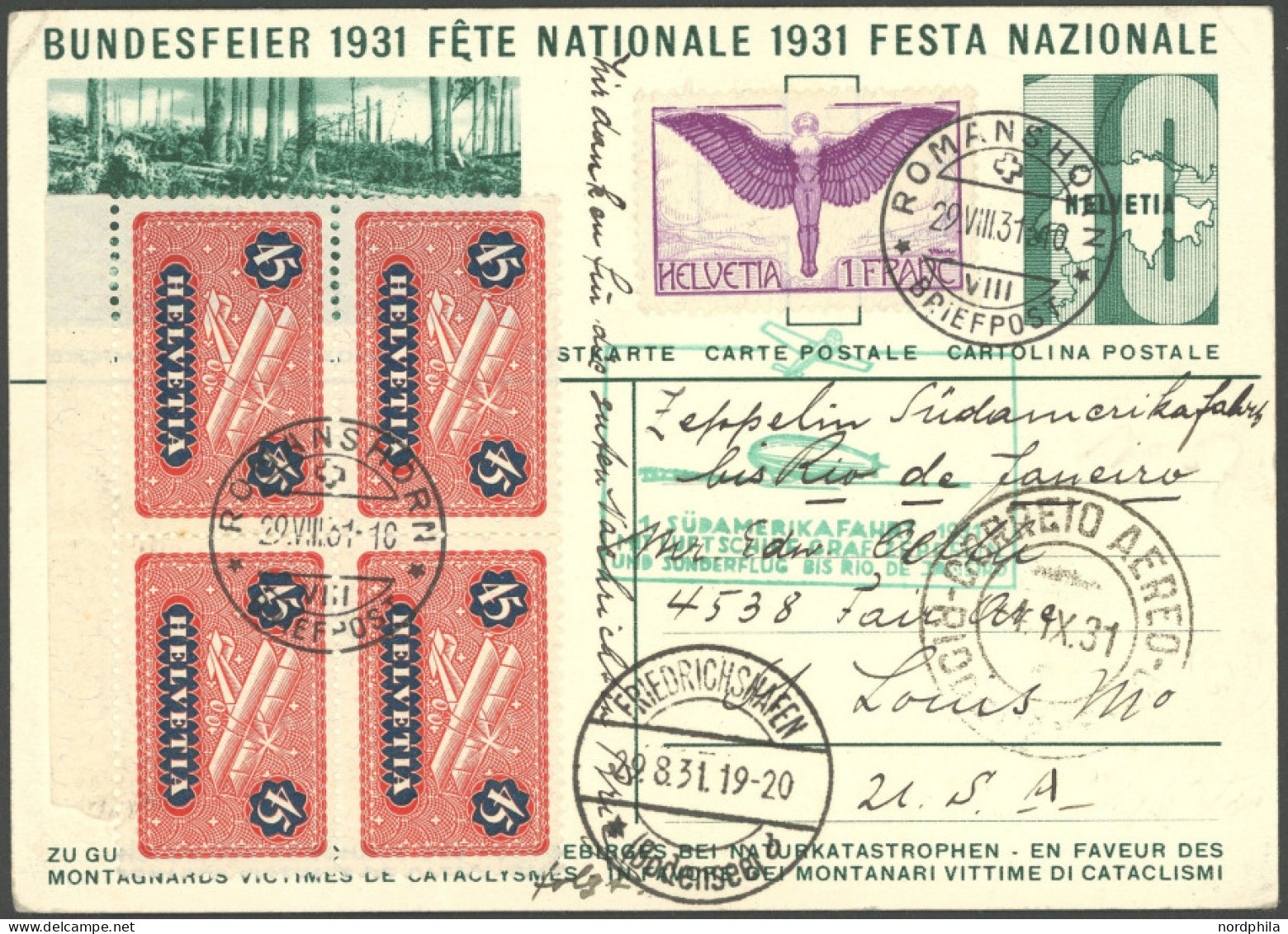 ZULEITUNGSPOST 124Ca BRIEF, Schweiz: 1931, 1. Südamerikafahrt, Bis Rio De Janeiro, Prachtkarte - Poste Aérienne & Zeppelin