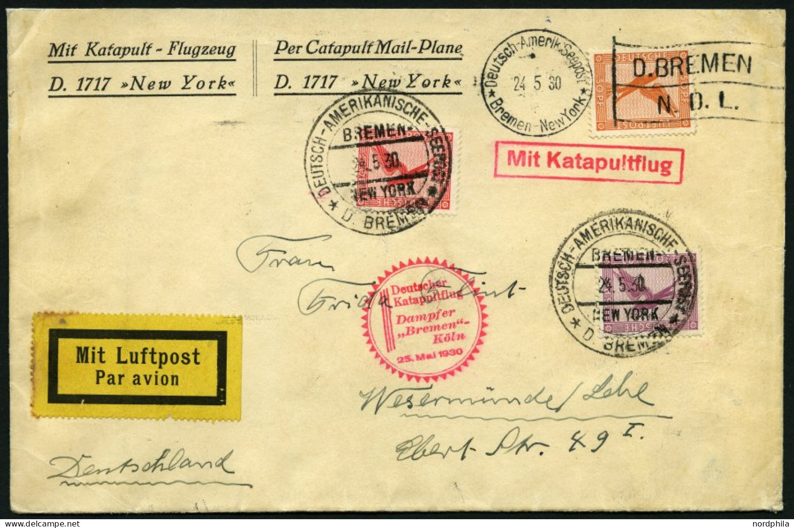 KATAPULTPOST 13c BRIEF, 25.5.1930, &quot,Bremen&quot, - Southampton, Deutsche Seepostaufgabe, Brief Feinst - Covers & Documents