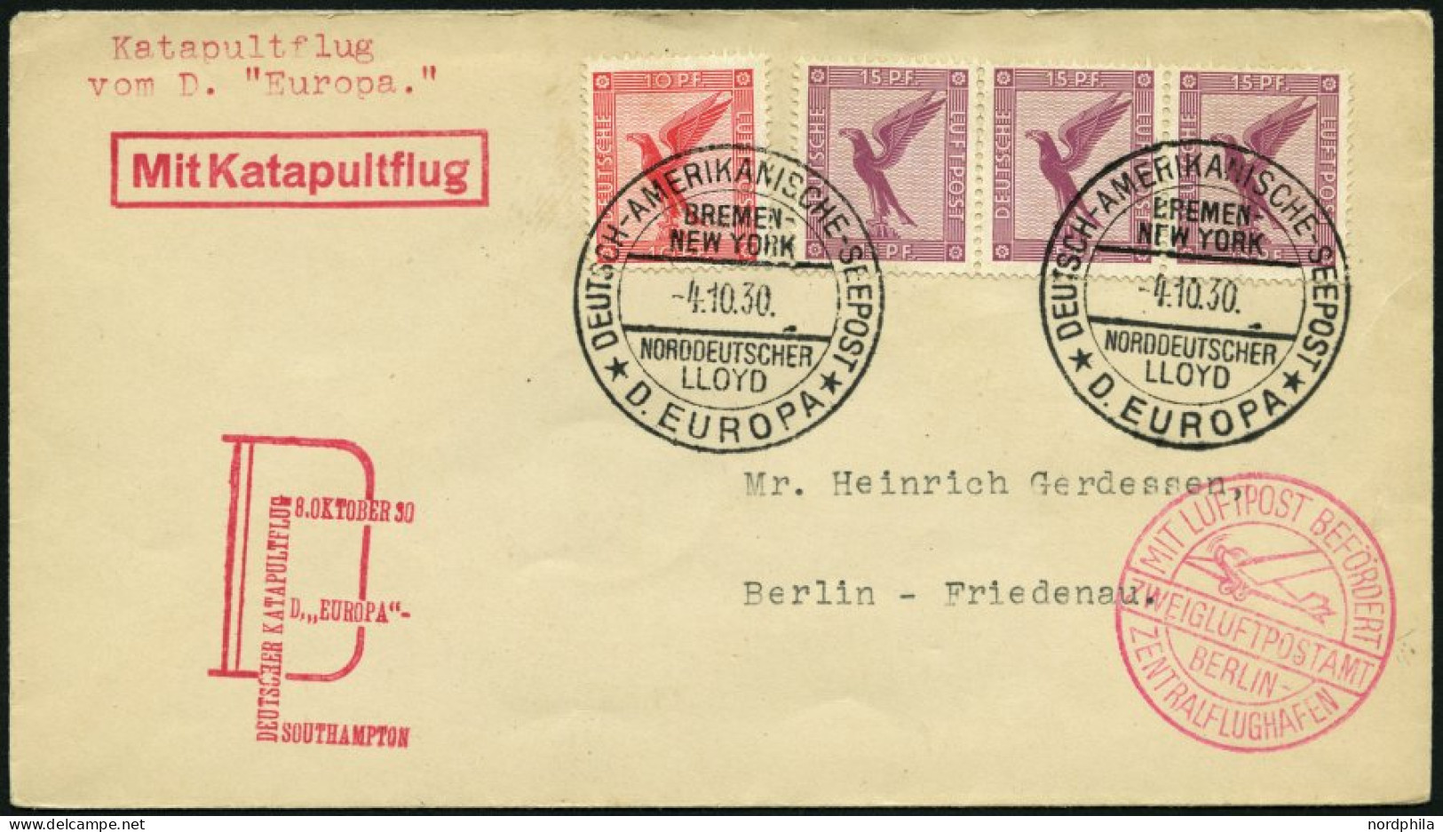 KATAPULTPOST 37c BRIEF, 9.10.1930, &quot,Europa&quot, - Southampton, Deutsche Seepostaufgabe, Prachtbrief - Lettres & Documents