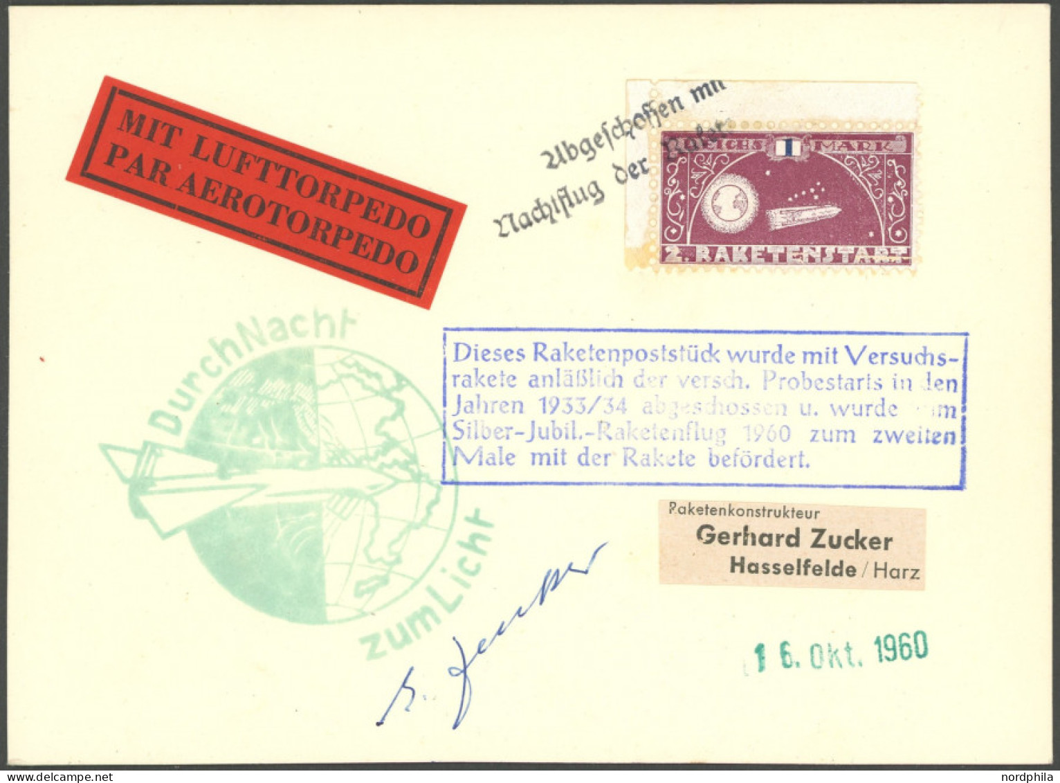 RAKETENPOST 22C1a BRIEF, Raketenbrief Mit 1 Mk. Lilarot, Doppelt Befördert 1933 Und 1960, Lufttorpedo-Aufkleber, Pracht, - Vliegtuigen