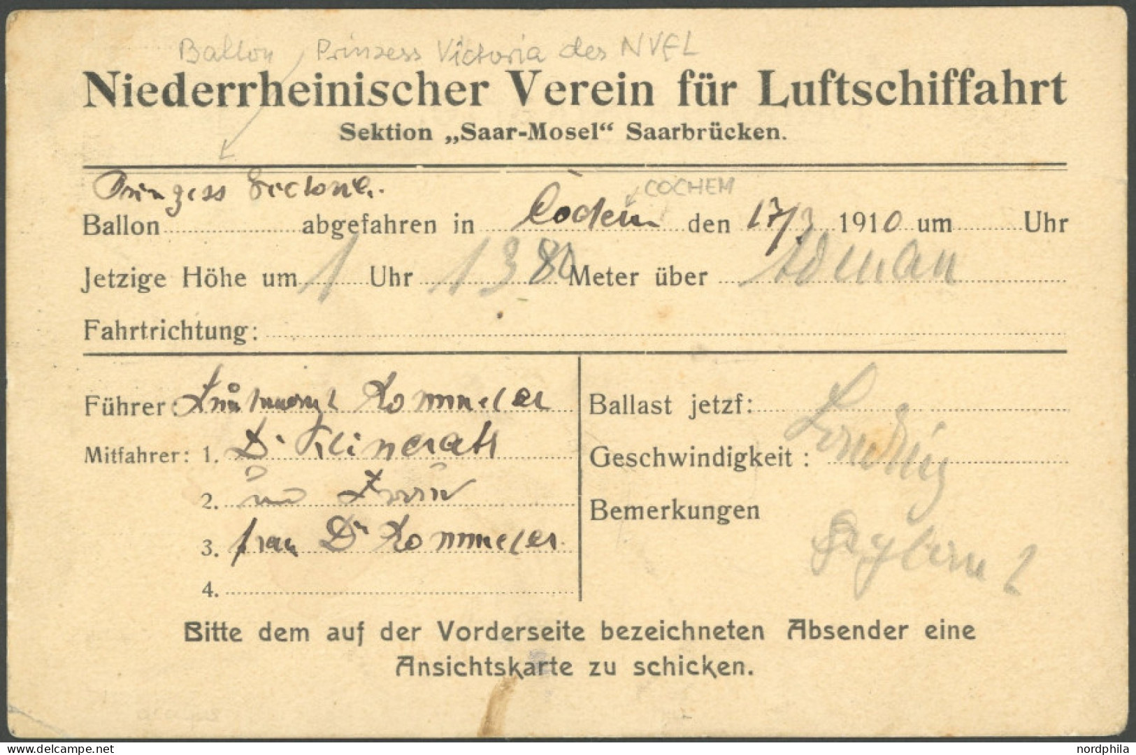 BALLON-FAHRTEN 1897-1916 17.7.1910, Niederrheinischer Verein Für Luftschifffahrt: Sektion Saar-Mosel Saarbrücken, Ballon - Airplanes