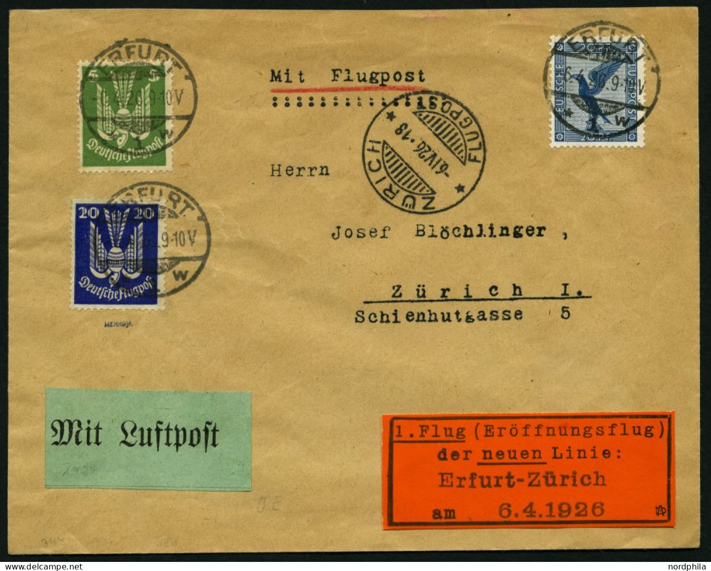 ERST-UND ERÖFFNUNGSFLÜGE 26.7.09 BRIEF, 6.4.1926, Erfurt - Zürich, Prachtbrief, RR! - Zeppelins