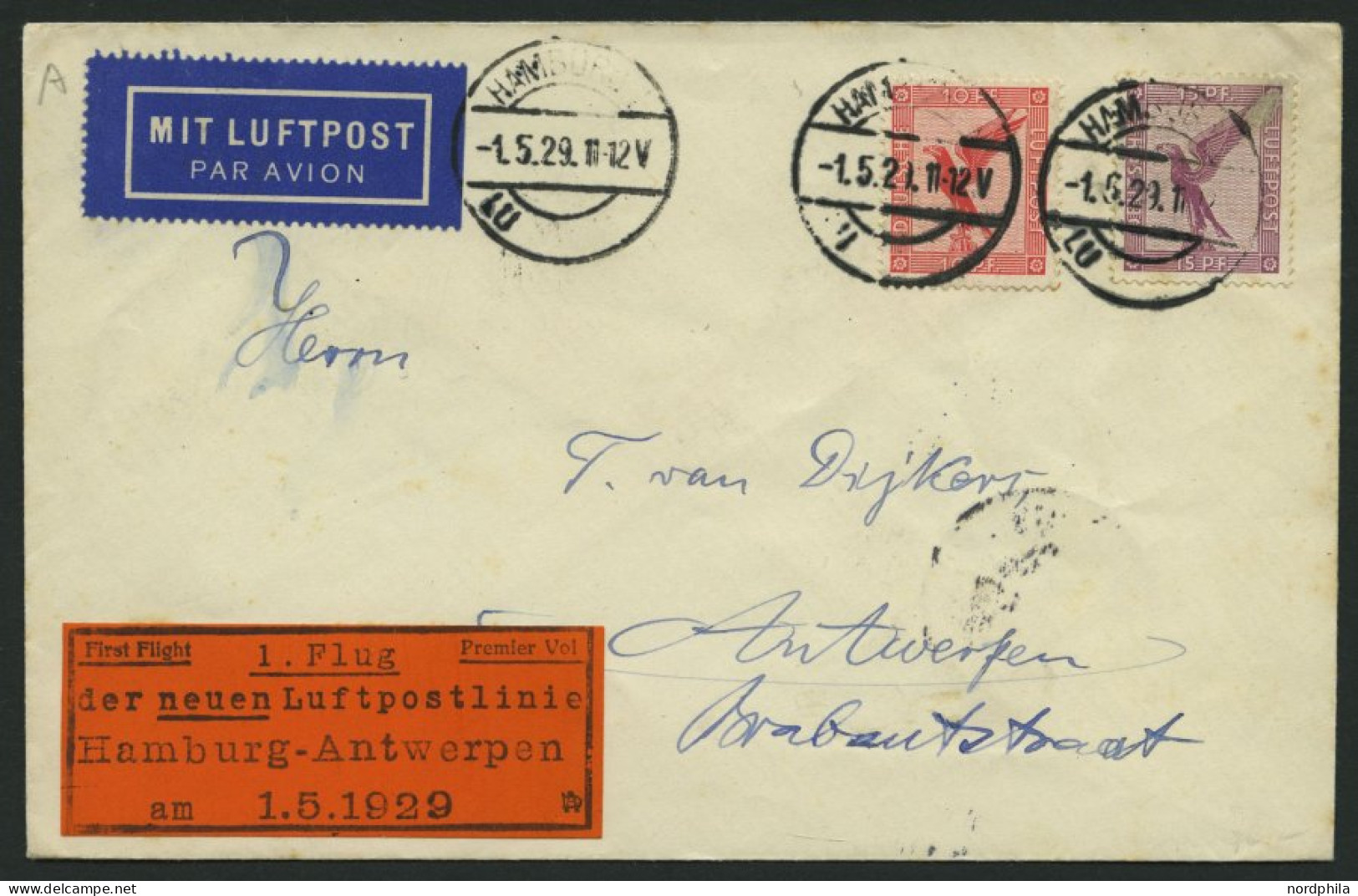 ERST-UND ERÖFFNUNGSFLÜGE 29.5.02 BRIEF, 1.5.1929, Hamburg-Antwerpen, Brief Feinst - Zeppelins