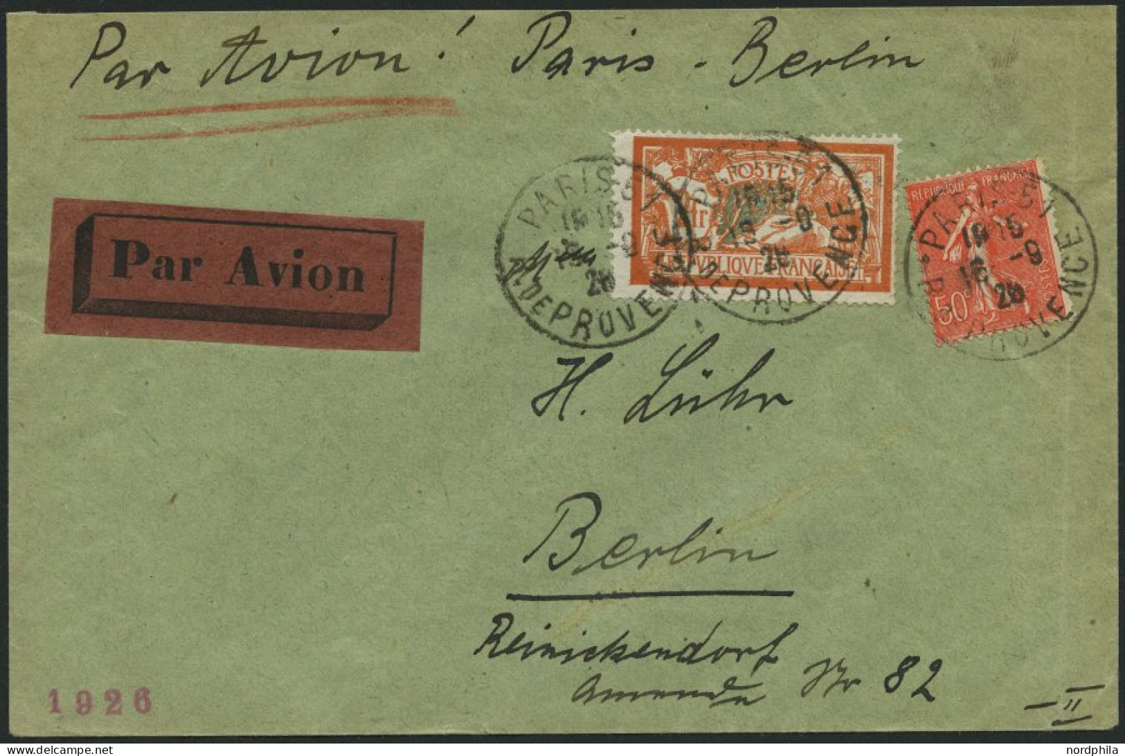 SPÄTERE FLÜGE (SPF) 26.56.03 BRIEF, 16.9.1926, Paris-Berlin, Bedarfsbrief, Pracht - Avions