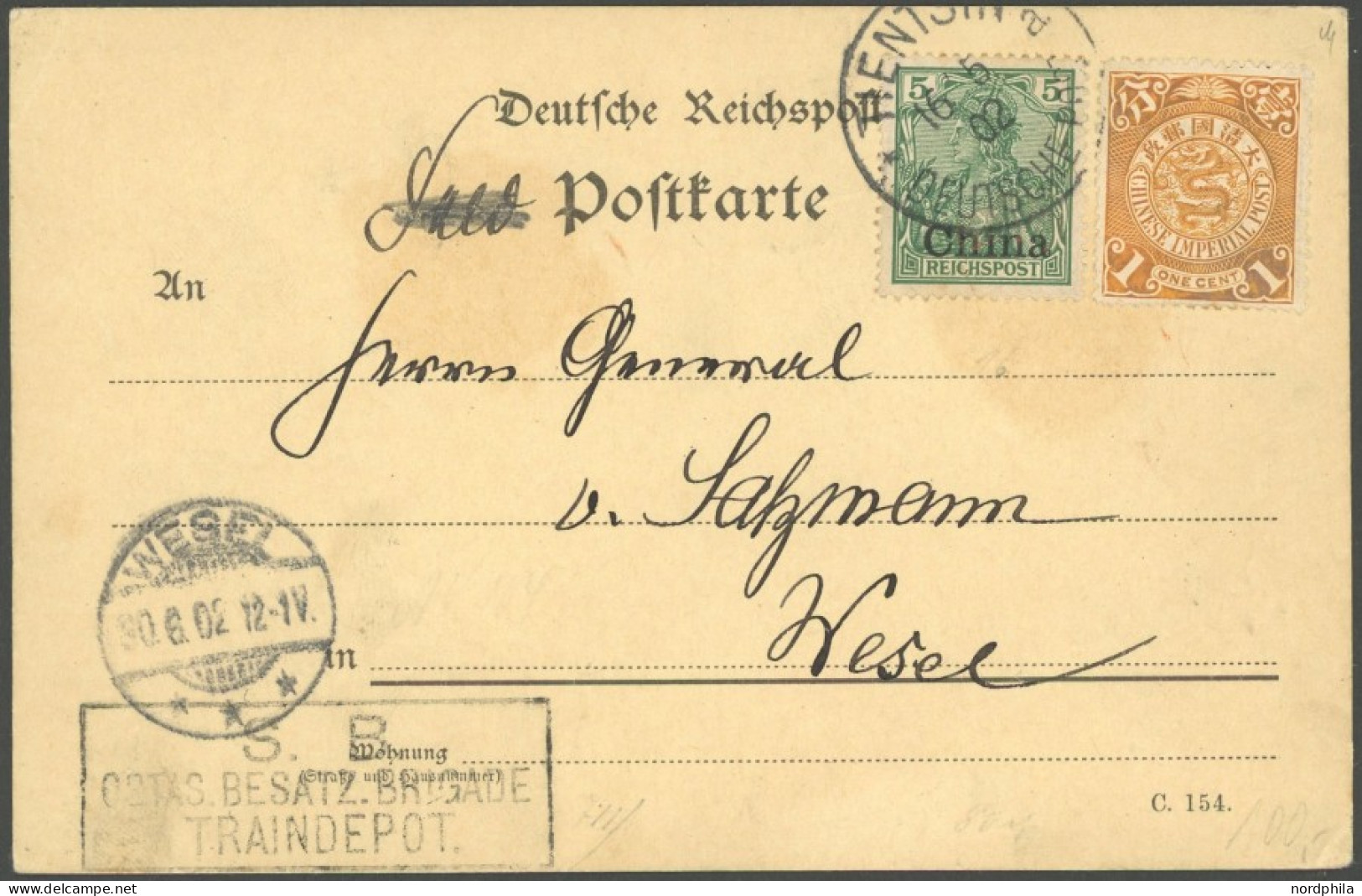 DP CHINA 16 BRIEF, 1902, 5 Pf. Reichspost Und China 1 C. Ocker Auf Postkarte Von TIENTSIN A Nach WESEL, Rückseitig Unbes - Deutsche Post In China