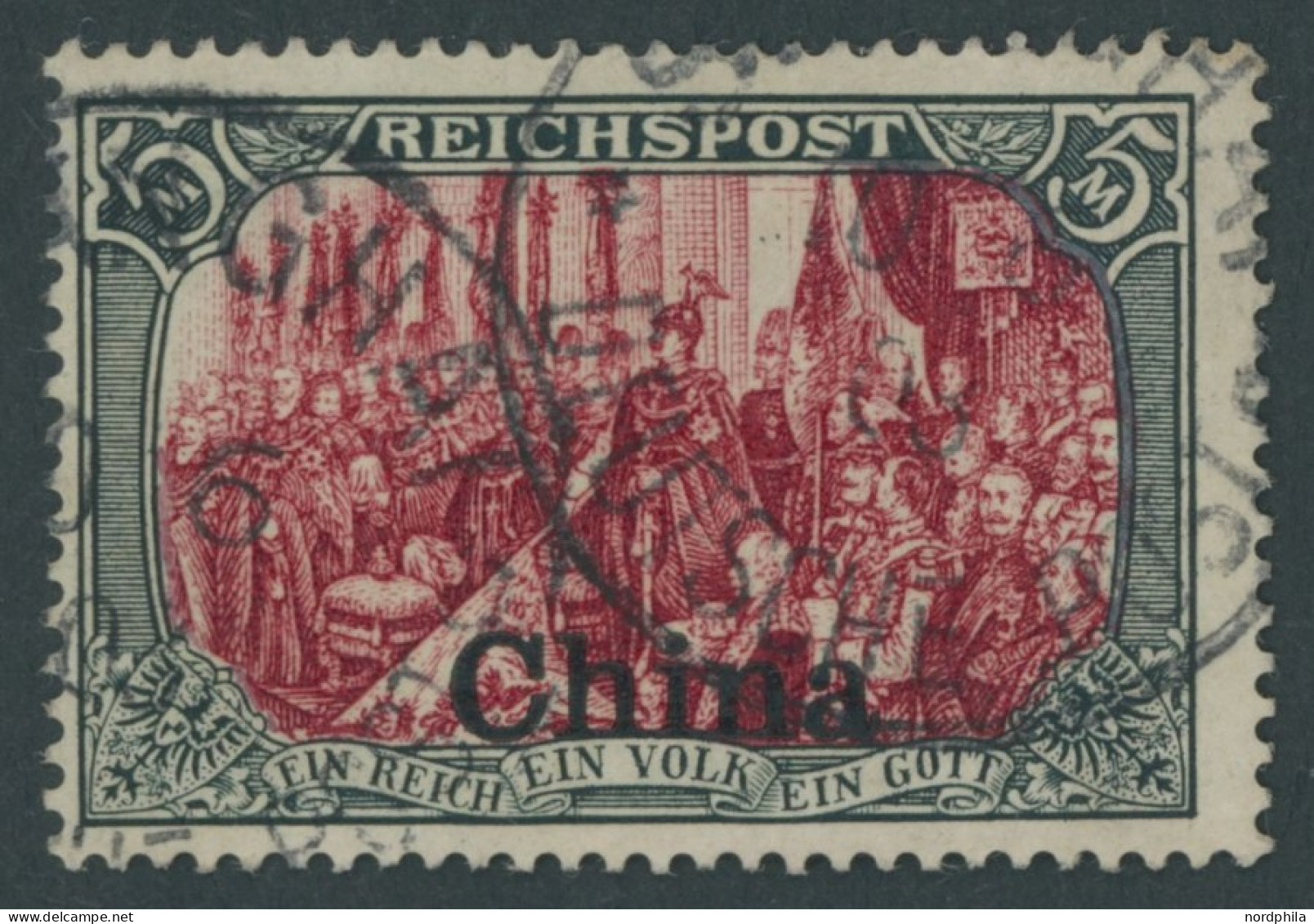 DP CHINA 27III O, 1901, 5 M. Reichspost, Type I, Nachmalung Mit Rot Und Deckweiß, Pracht, Mi. 400.- - China (kantoren)