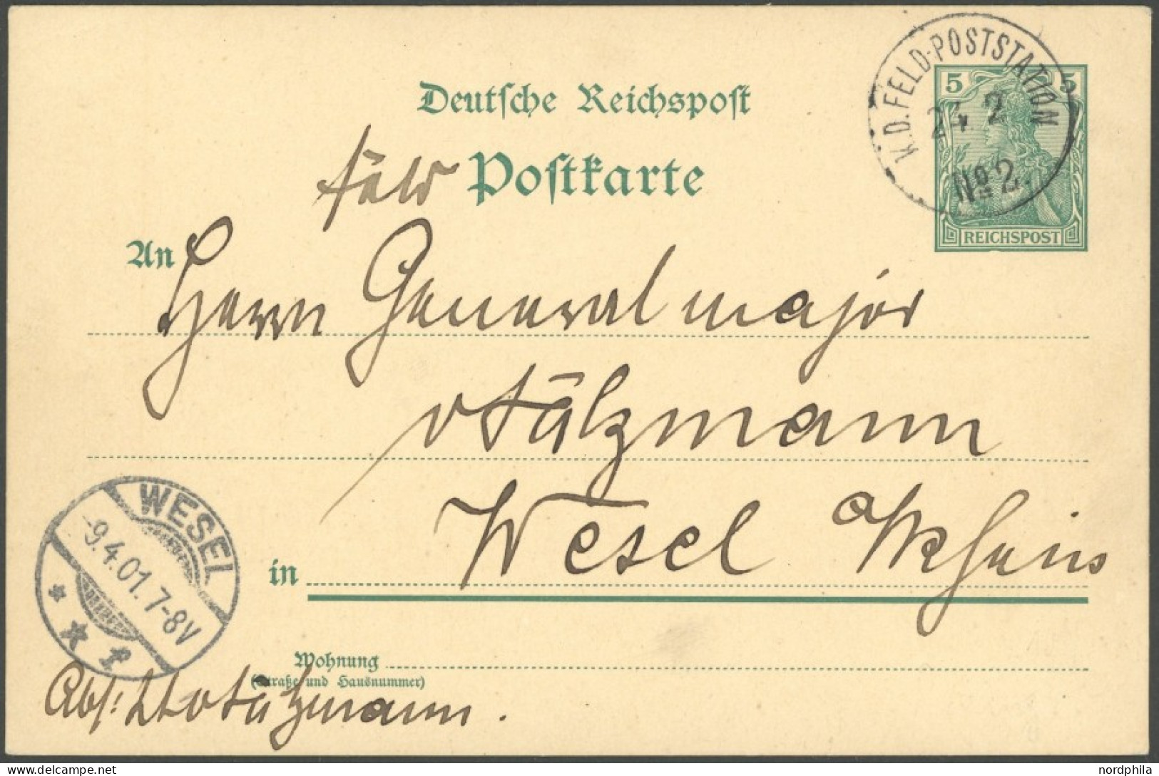 DP CHINA AP 50 BRIEF, Petschili: 1901, 5 Pf. Reichspost - Ganzsachenkarte Mit Stempel K.D. FELDPOSTSTATION Nr. 2 Nach We - China (kantoren)