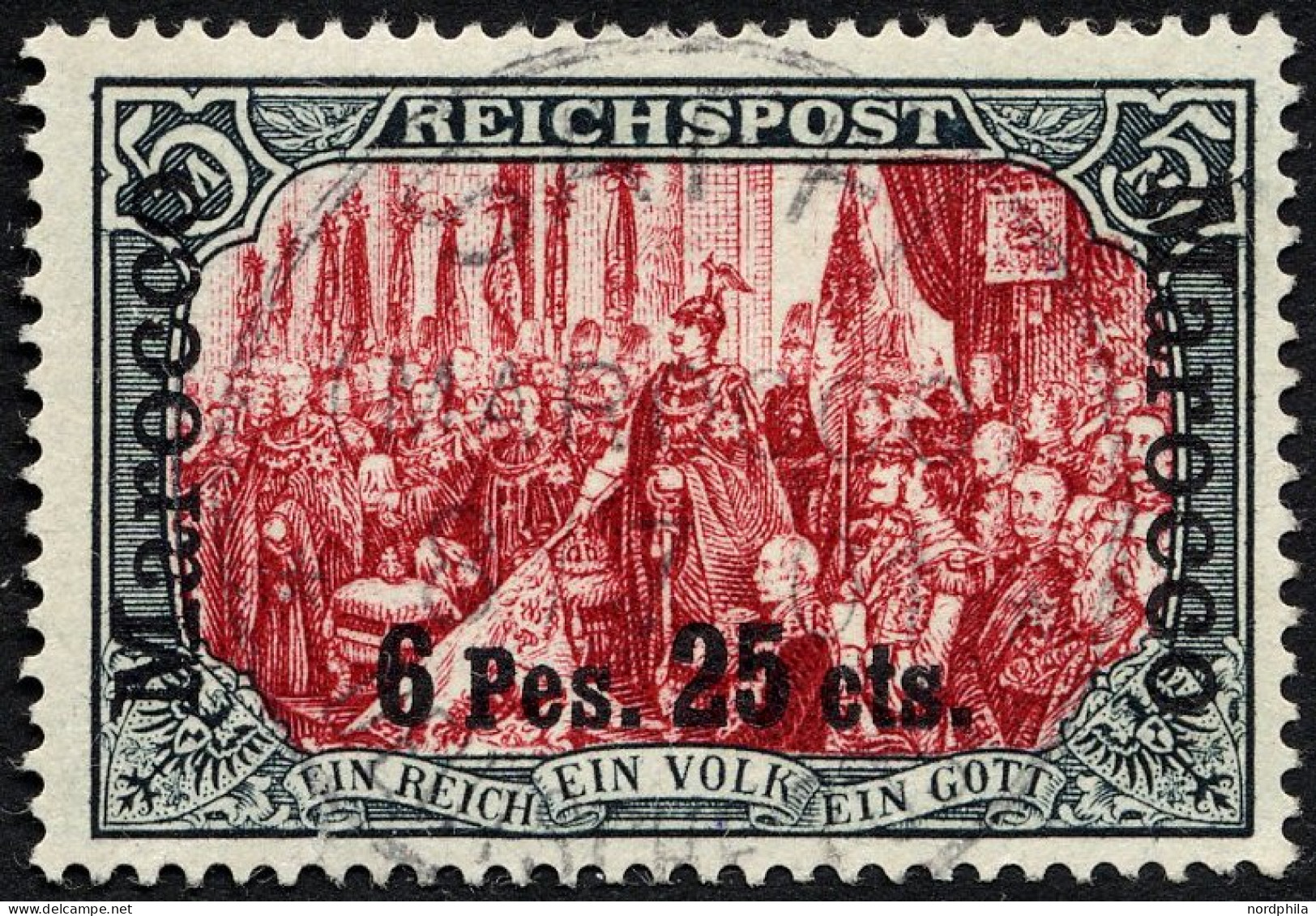 DP IN MAROKKO 19I/IV O, 1900, 6 P. 25 C. Auf 5 M., Type I, Nachmalung Nur Mit Deckweiß, Stempel SAFFI, Kleiner Riß Im Un - Deutsche Post In Marokko