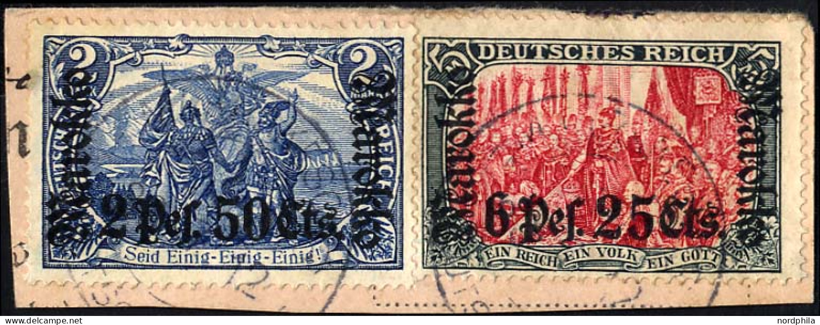 DP IN MAROKKO 56,58IA BrfStk, 1911, 2 P. 50 C. Auf 2 M. Und 6 P. 25 C. Auf 5 M. Auf Postabschnitt Mit Stempel MARRAKESCH - Deutsche Post In Marokko