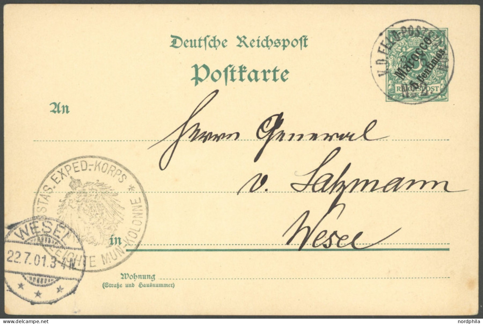 DP IN MAROKKO P 1 BRIEF, 1901, 5 C. Auf 5 Pf. Grün Mit K1 K.D. FELD-POSTSTATION Nr. 2 Und Briefstempel Leichte Mun-Kolon - Maroc (bureaux)