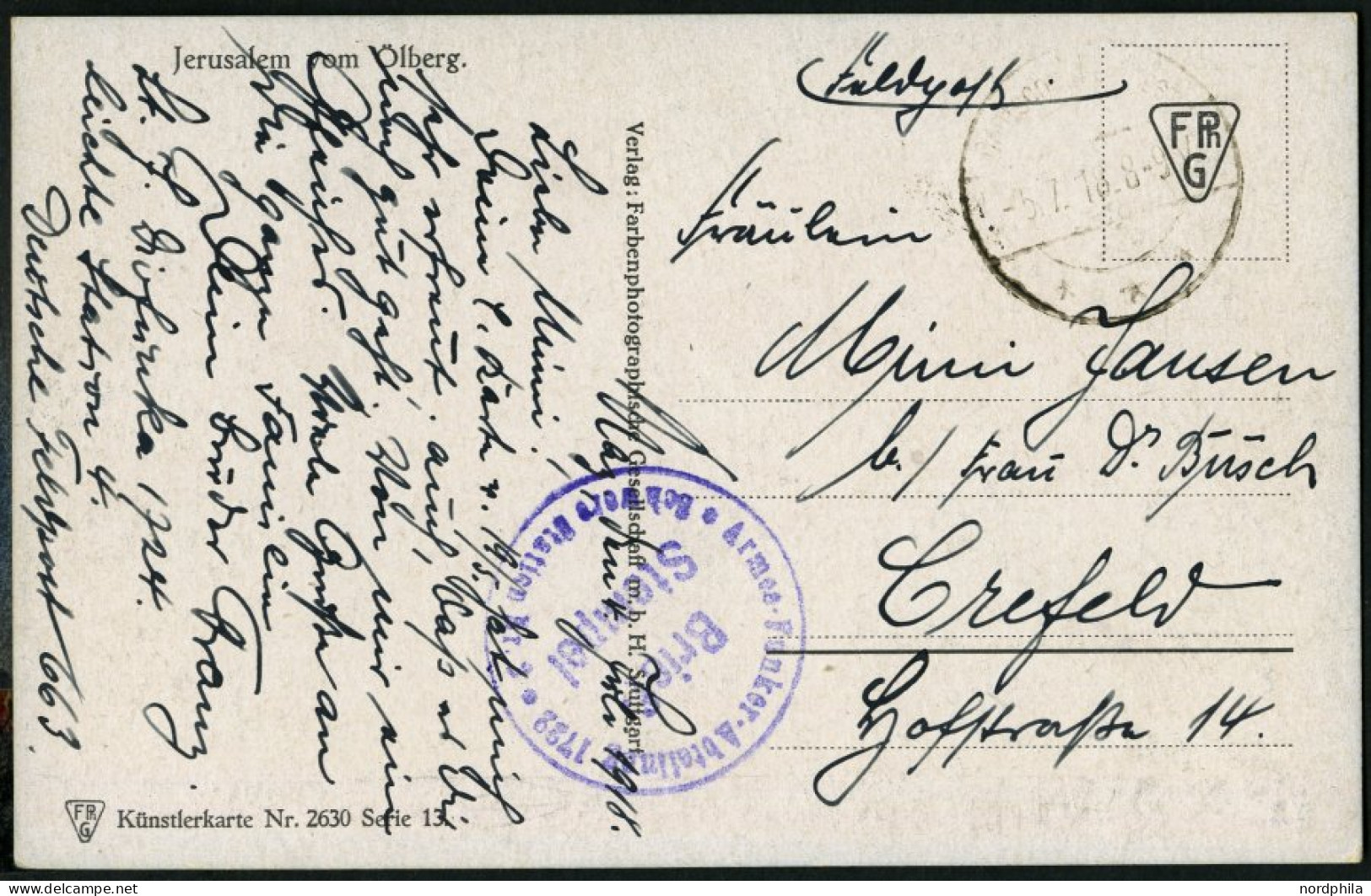 DP TÜRKEI 1918, Feldpoststation NAZARETH Auf Feldpost-Ansichtskarte, Violetter Briefstempel Armee-Funker-Abteilung 1722, - Turkey (offices)