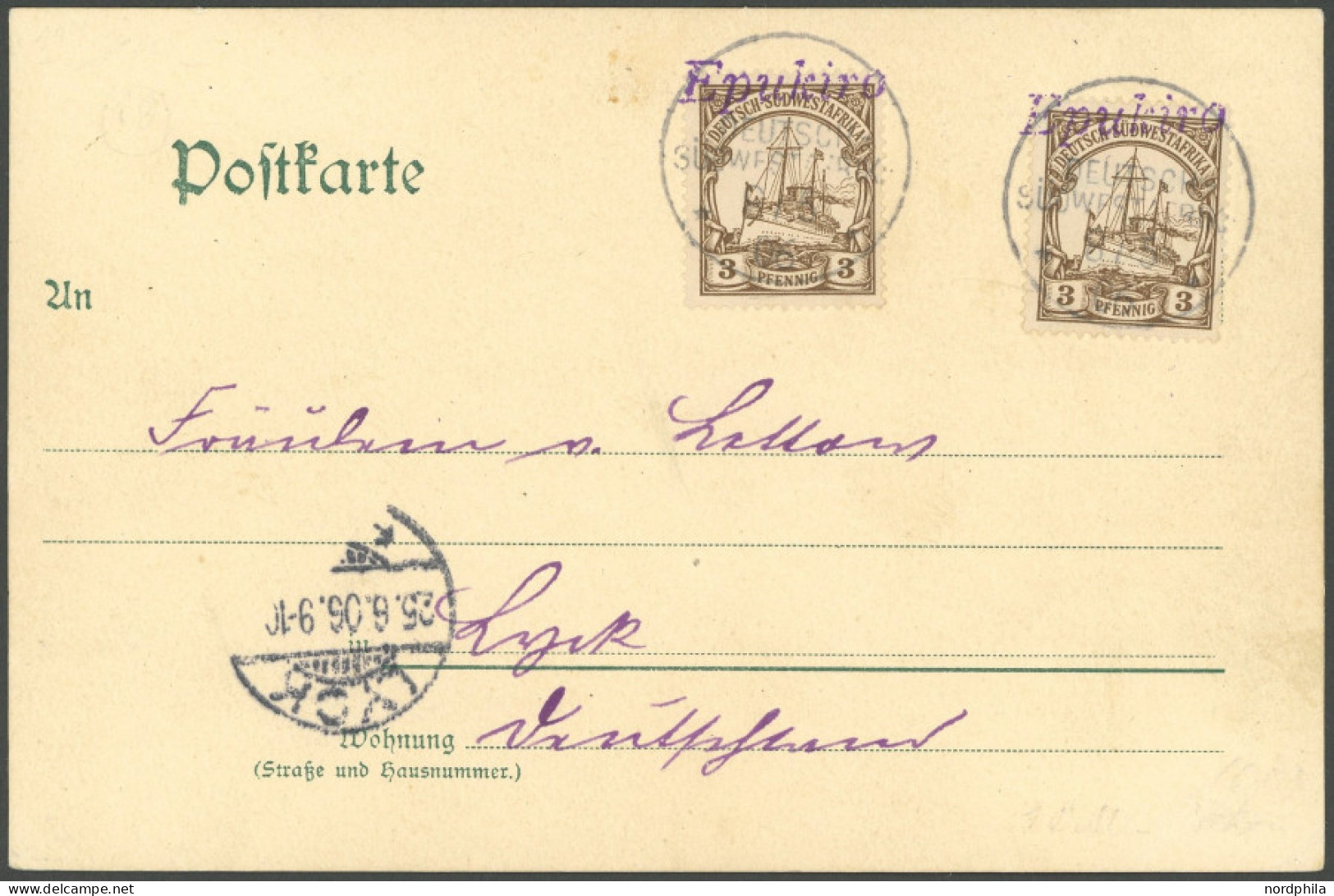 DSWA 11 BRIEF, EPUKIRO, 8.5.06, Violetter Wanderstempel Type III, Postkarte (rückseitige Landkarte) Mit 2-mal 3 Pf., Pra - German South West Africa